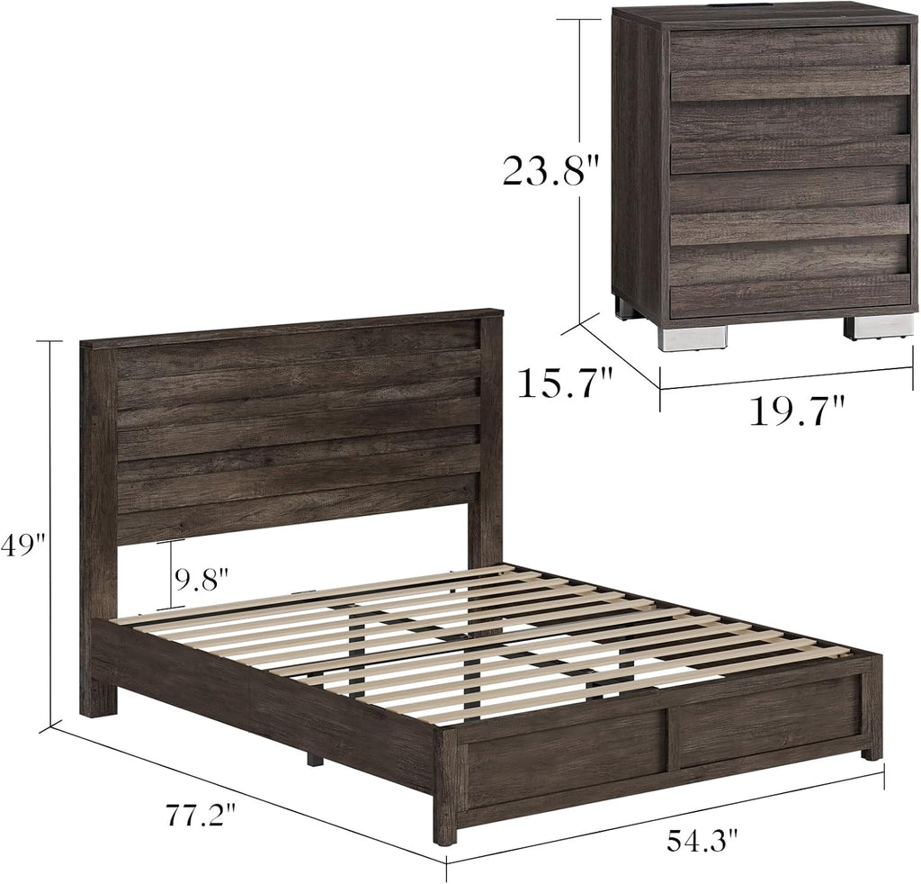 Albott 3 Piece Bedroom Set, Including Farmhouse Full Size Bed Frame with Slatted Headboard, Nightstands Set of 2 with Charging Station for Bedroom, Rustic Grey