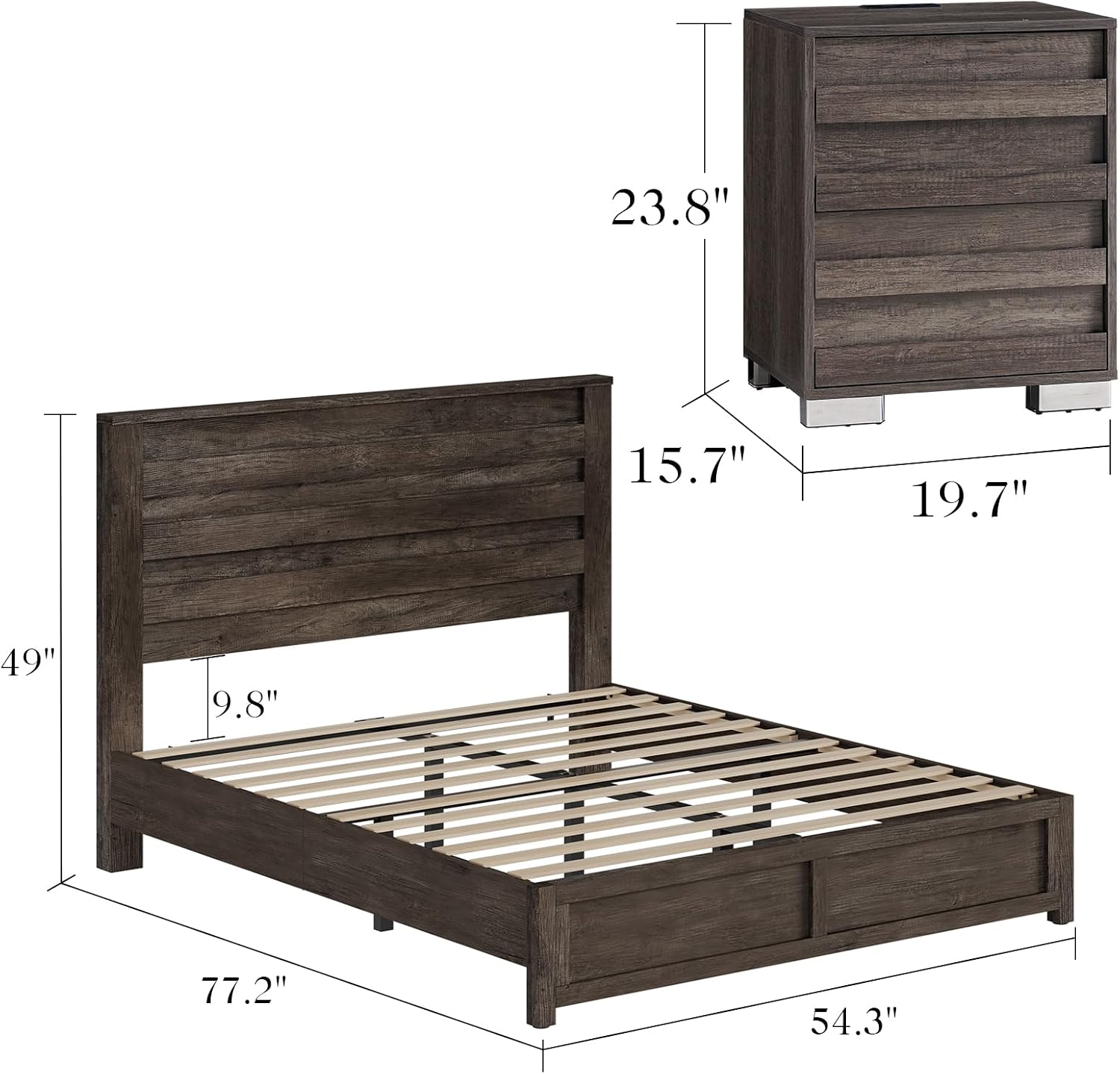Albott 3 Piece Bedroom Set, Including Farmhouse Full Size Bed Frame with Slatted Headboard, Nightstands Set of 2 with Charging Station for Bedroom, Rustic Grey