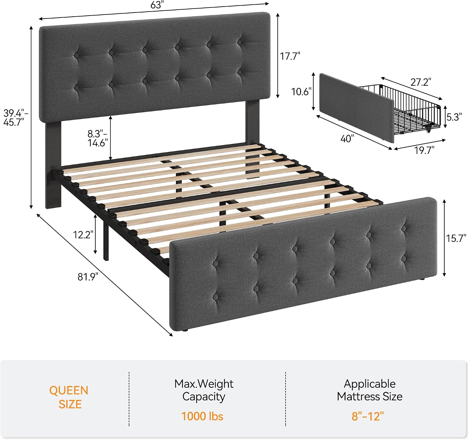 IDEALHOUSE Queen Size Bed Frame with 4 Storage Drawers and Headboard, Linen Upholstered Platform Bed Frame with Wooden Slats Support, Button Tufted Design, No Box Spring Needed, Dark Grey