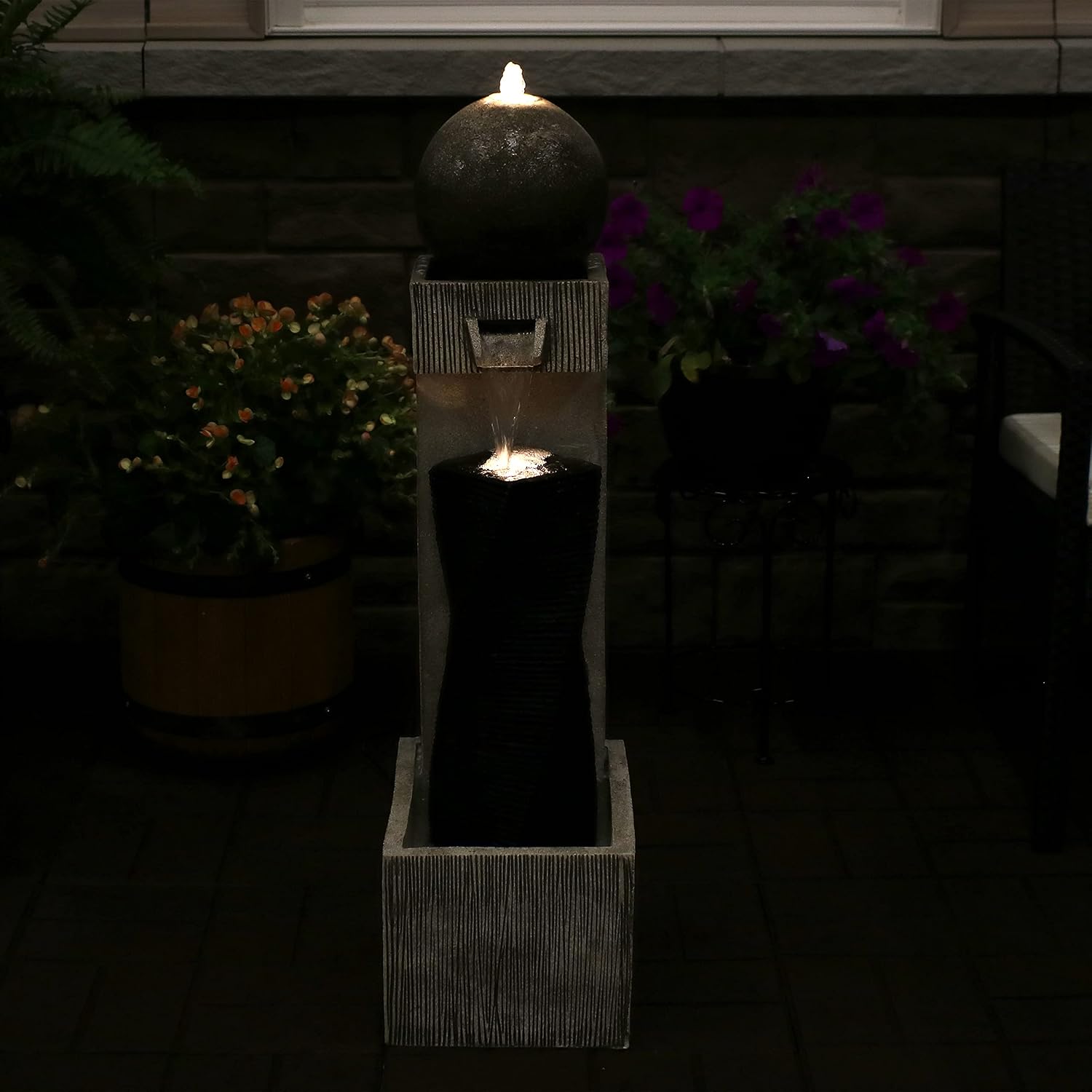 Sunnydaze Modern Artistry 35-Inch Outdoor Water Fountain - LED Lights - Electric Submersible Pump with Adjustable Flow