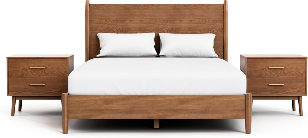 Furniture of America Wyatt Modern Solid Wood Bedroom Collection with Queen Bed Frame and Nightstands Set of 2, No Box Spring Needed, Walnut, Standard Platform, 3-Piece Set