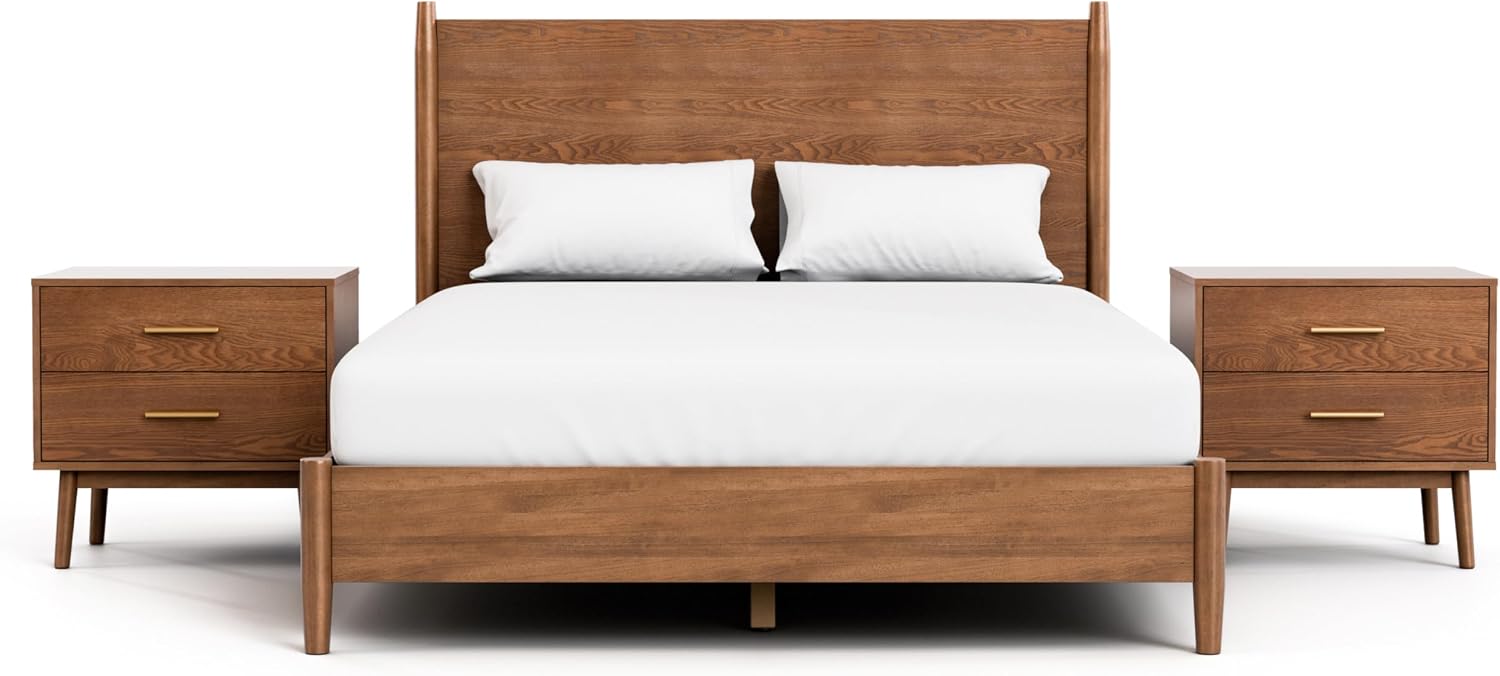 Furniture of America Wyatt Modern Solid Wood Bedroom Collection with Queen Bed Frame and Nightstands Set of 2, No Box Spring Needed, Walnut, Standard Platform, 3-Piece Set
