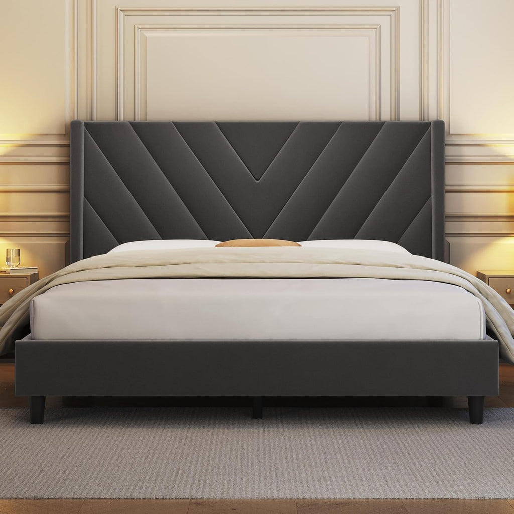 Yaheetech Queen Bed Frame Upholstered Platform Bed/Wooden Slat Support/Tufted Headboard with Wing Side/Mattress Foundation/No Box Spring Needed,Dark Gray Queen