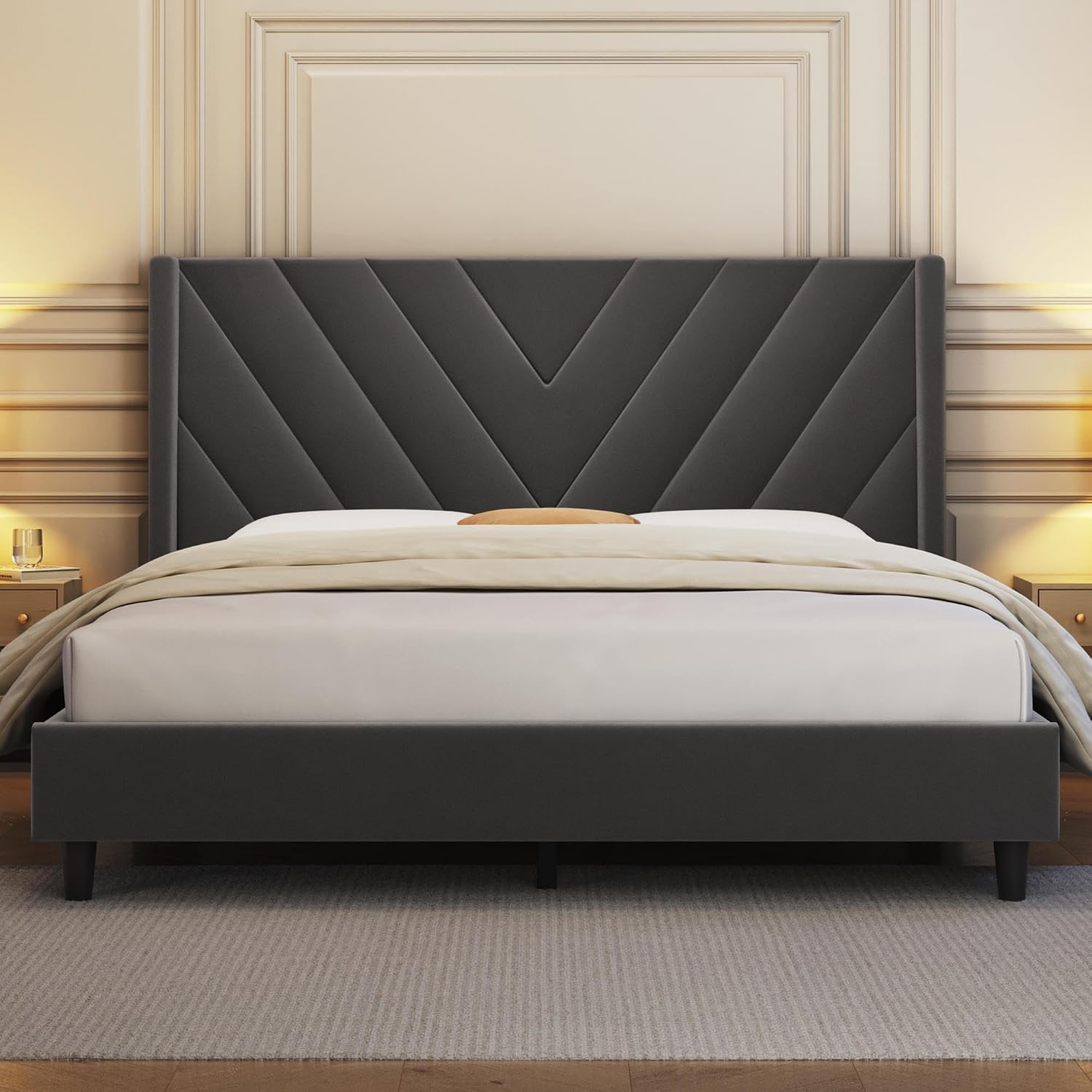 Yaheetech Queen Bed Frame Upholstered Platform Bed/Wooden Slat Support/Tufted Headboard with Wing Side/Mattress Foundation/No Box Spring Needed,Dark Gray Queen