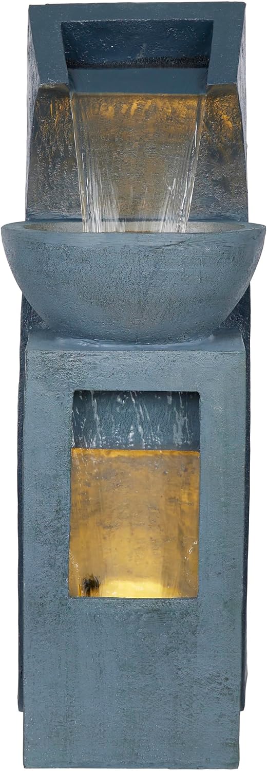 Alpine Corporation 41' Tall Outdoor Basin Waterfall Floor Fountain with LED Lights for Garden, Patio, Lawn and Backyard Decor, Gray
