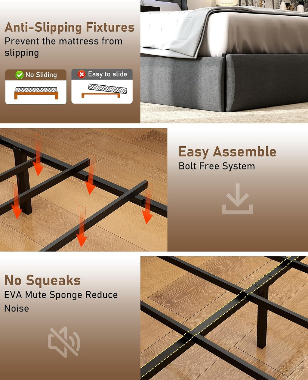 SADENICEL Queen Bed Frame with Storage Headboard, Metal Platform Bed Frame Queen Size with 4 Drawer, LED Light, Charging Station, No Box Spring Needed, Noise Free, Easy Assembly, Grey