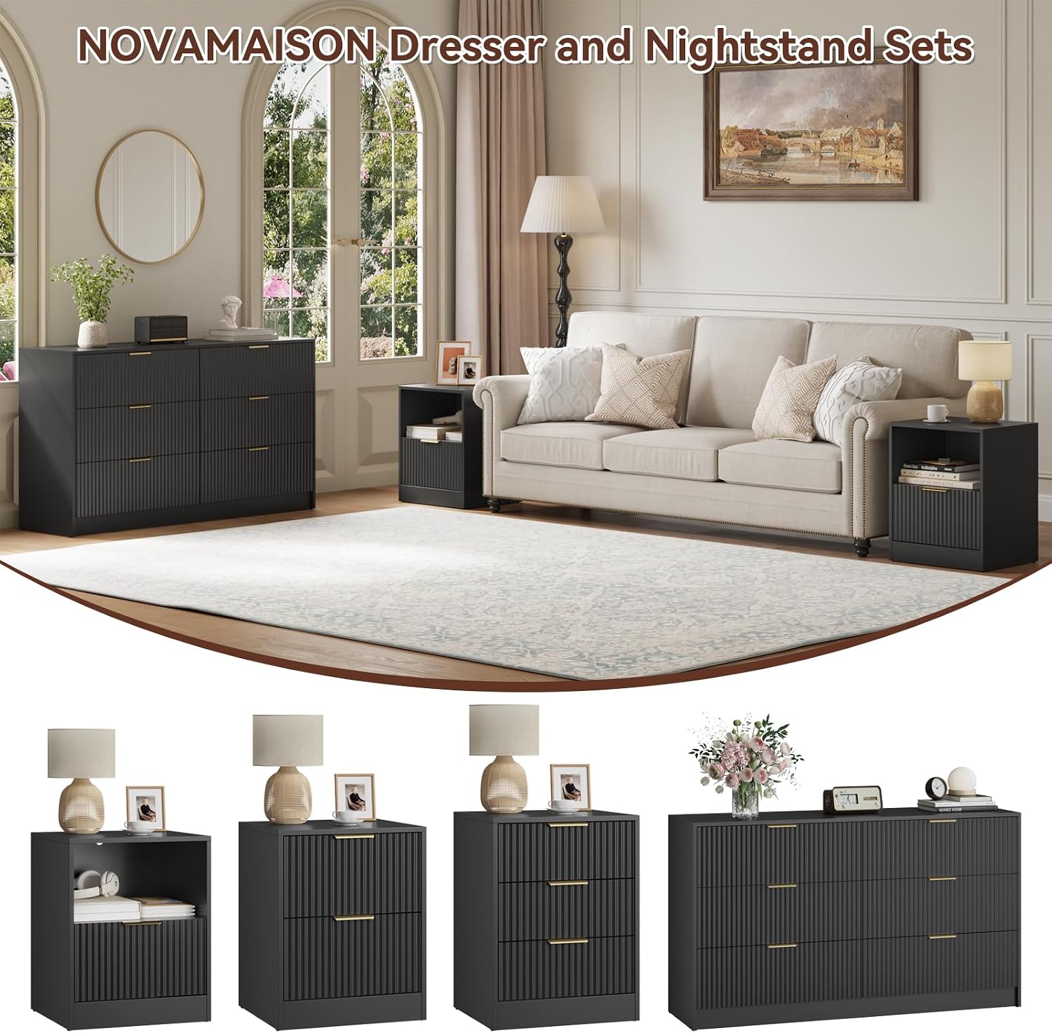 6 Drawer Dresser & Nightstand Set 3-Piece, 55' Wide Bedroom Set Night Stand Set of 2 with Metal Handle, Fluted Modern Wood Chest of Drawers Storage Dressers Set for Bedroom, Black