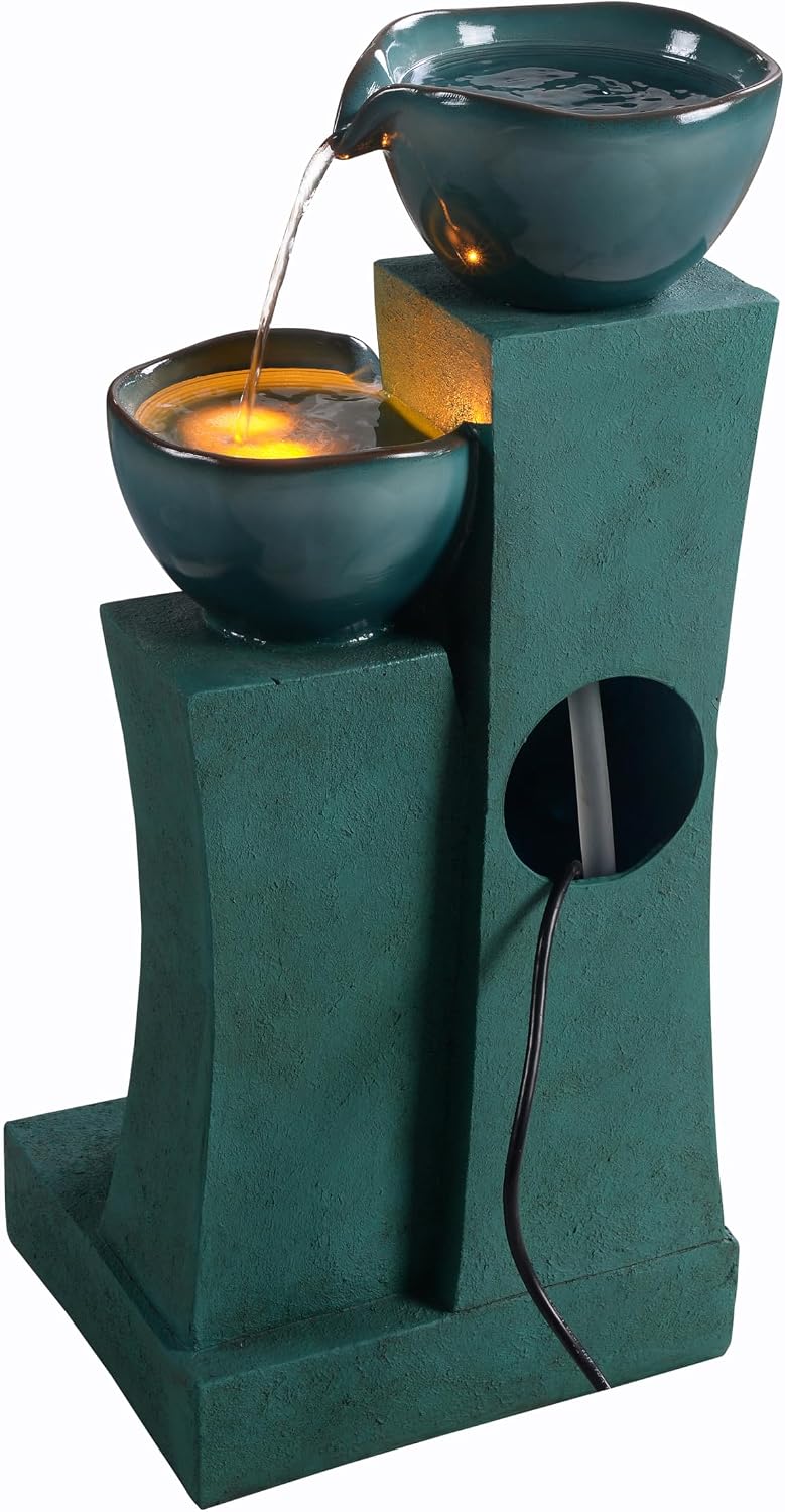 Teamson Home 28.54 in. 3-Tier Cascading Outdoor Water Fountain with LED Lights for Gardens, Landscaping, Patios, Balconies, Lawns, Green
