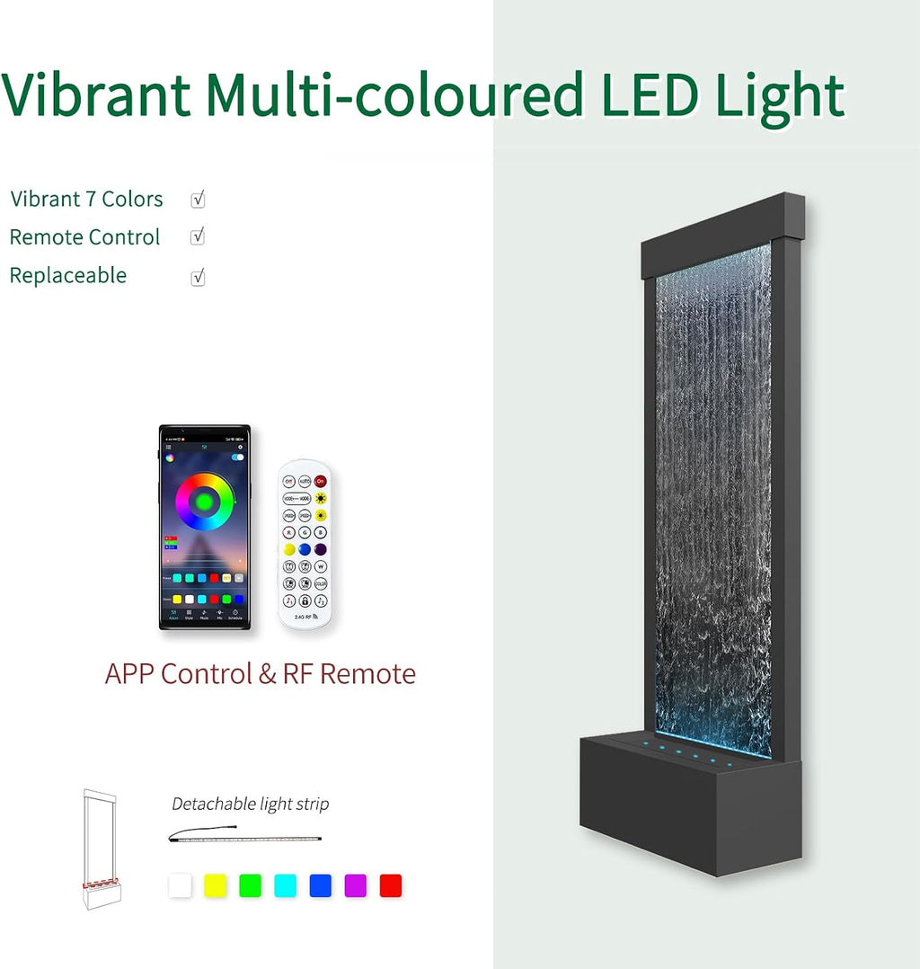 LONGRUN 48' Indoor Waterfall Fountain with LED Lights - 7-Color Illuminated Mirror Waterfall, Self-Contained Water Feature Kit for Home Decor, Large Indoor Fountain with Captivating Water Flow