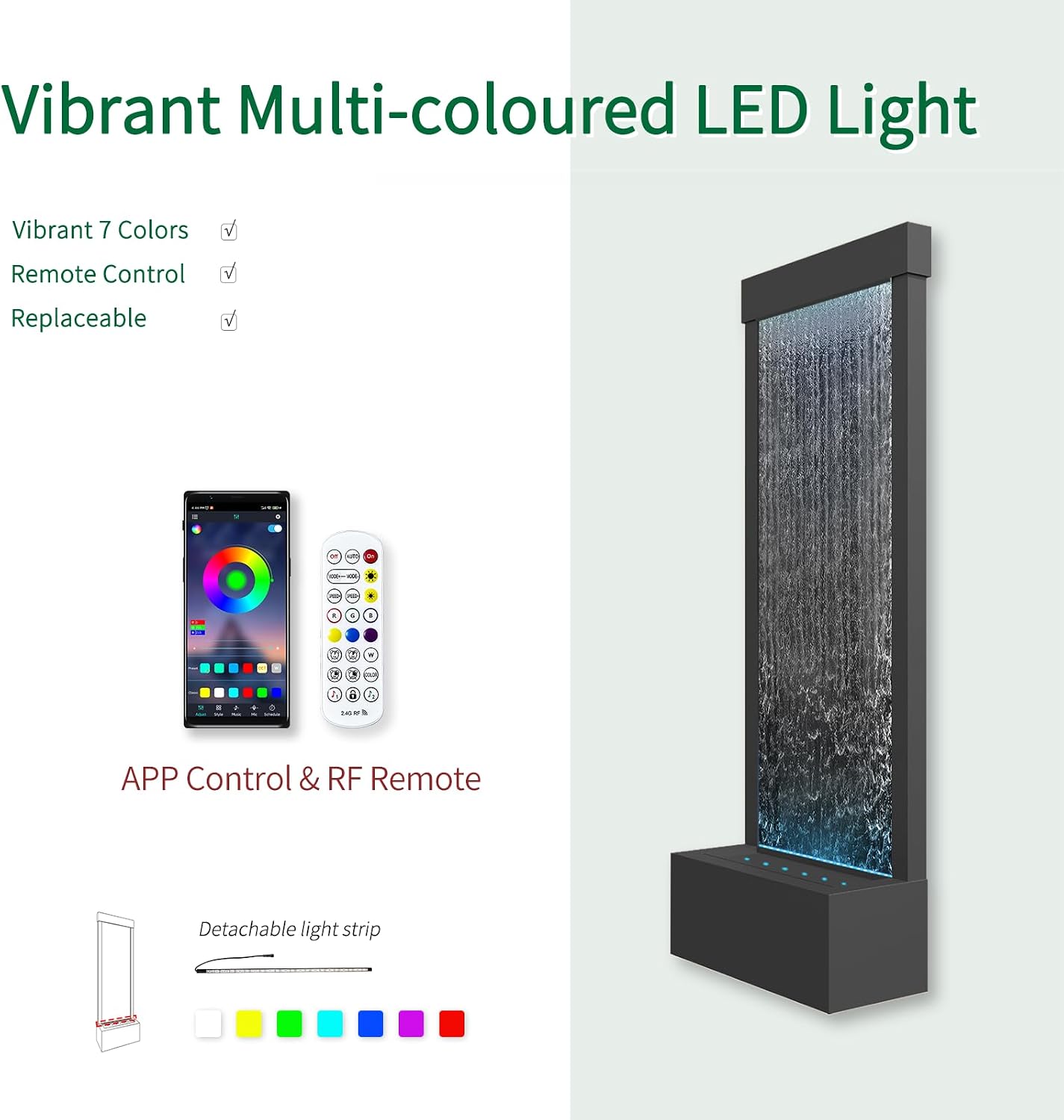 LONGRUN 48' Indoor Waterfall Fountain with LED Lights - 7-Color Illuminated Mirror Waterfall, Self-Contained Water Feature Kit for Home Decor, Large Indoor Fountain with Captivating Water Flow