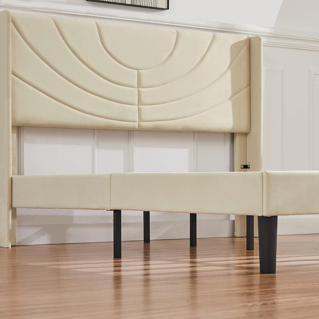 VECELO Queen Size Upholstered Platform Bed Frame with Fabric Headboard,Wooden Slats Support/No Box Spring Needed/Mattress Foundation/Easy Assembly,Beige