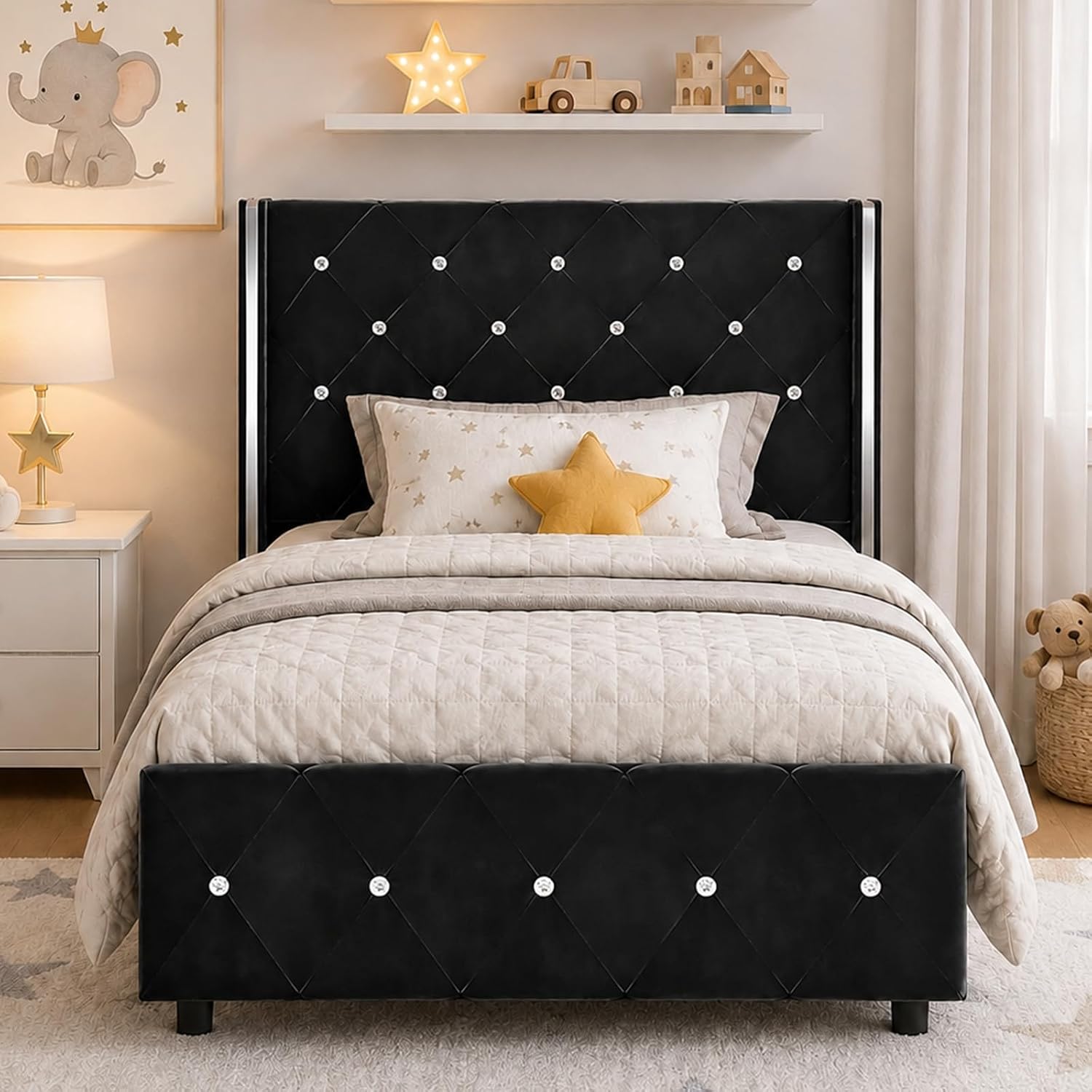 Twin Bed Frame with Headboard, Upholstered Platform Twin Bed Frames with Diamond Tufted Wingback Headboard, 600lbs Heavy Duty Support, Sliver Metal Edge Accents, No Box Spring Needed, Black Velvet