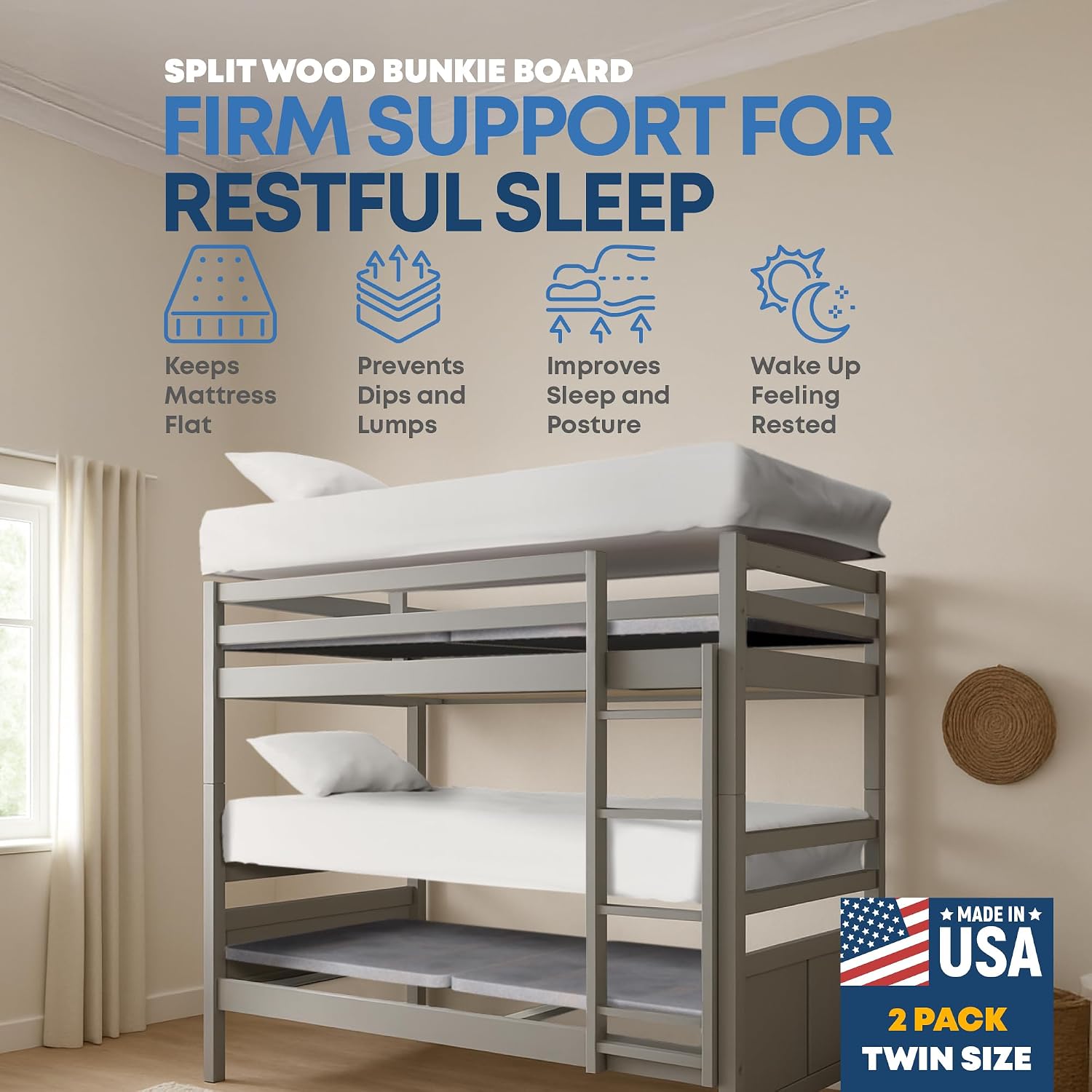 Treaton, 1.5' Split Wood Bunkie Board Twin Size Bed, Under Mattress Support, Fully Assembled, Fabric Ventilation Cover-Replaces Wooden Slats or Box Spring for Bed Frames(Pack of 2)