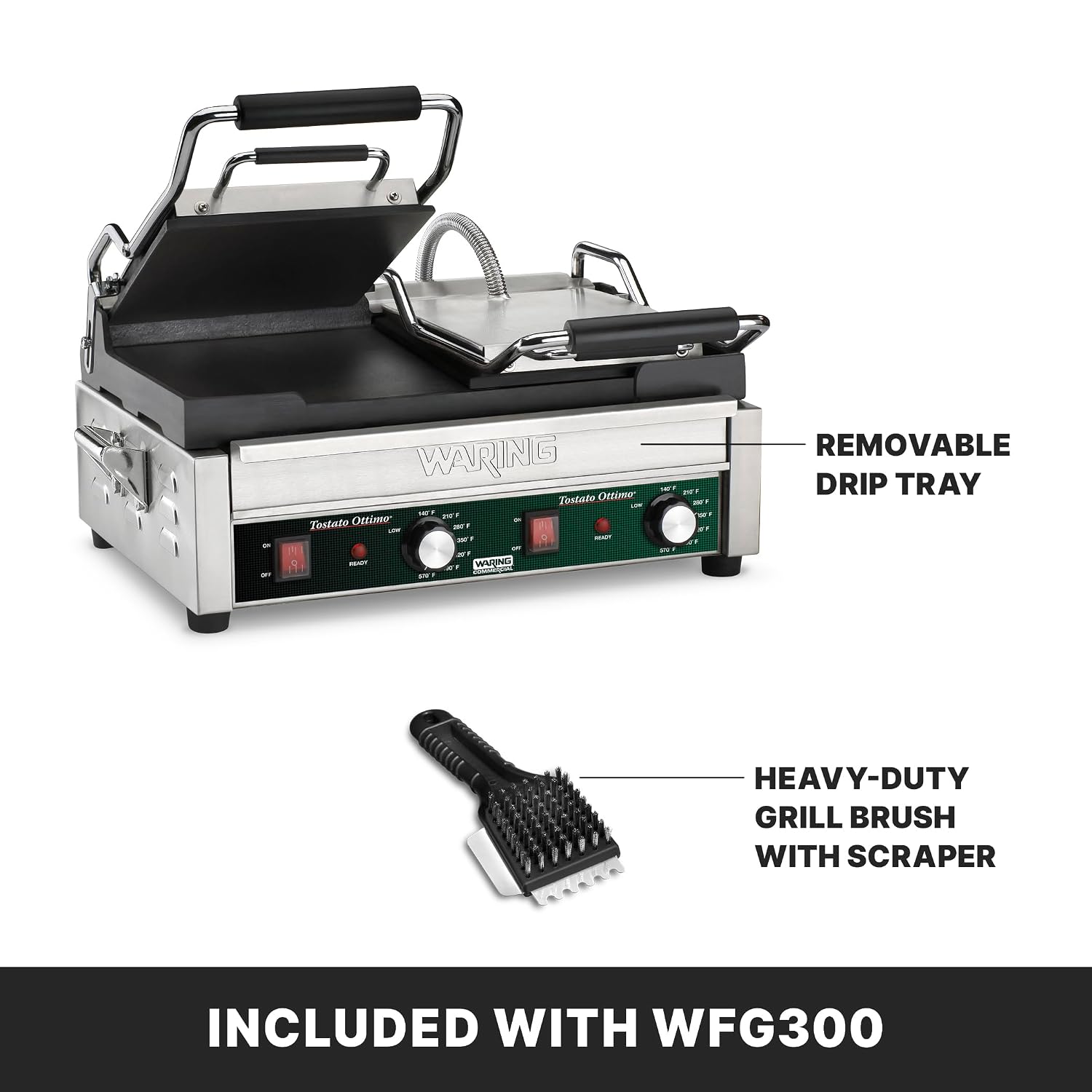Waring Commercial Panini Press, Double Flat Cast Iron Plates, 17' x 9.25' Cooking Surface, 570°F Adjustable Thermostat, for Sandwiches up to 3' Thick, Professional Kitchen Grill, 240V, WFG300