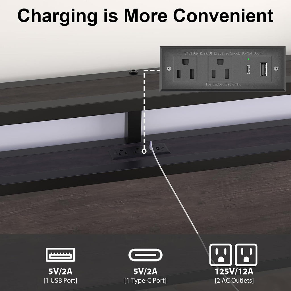 LoVinson King Size Bed Frame with Charging Station and LED Light, Metal Platform Bed with Storage Headboard, Noise Free, No Box Spring Needed, Easy Assembly, Grey