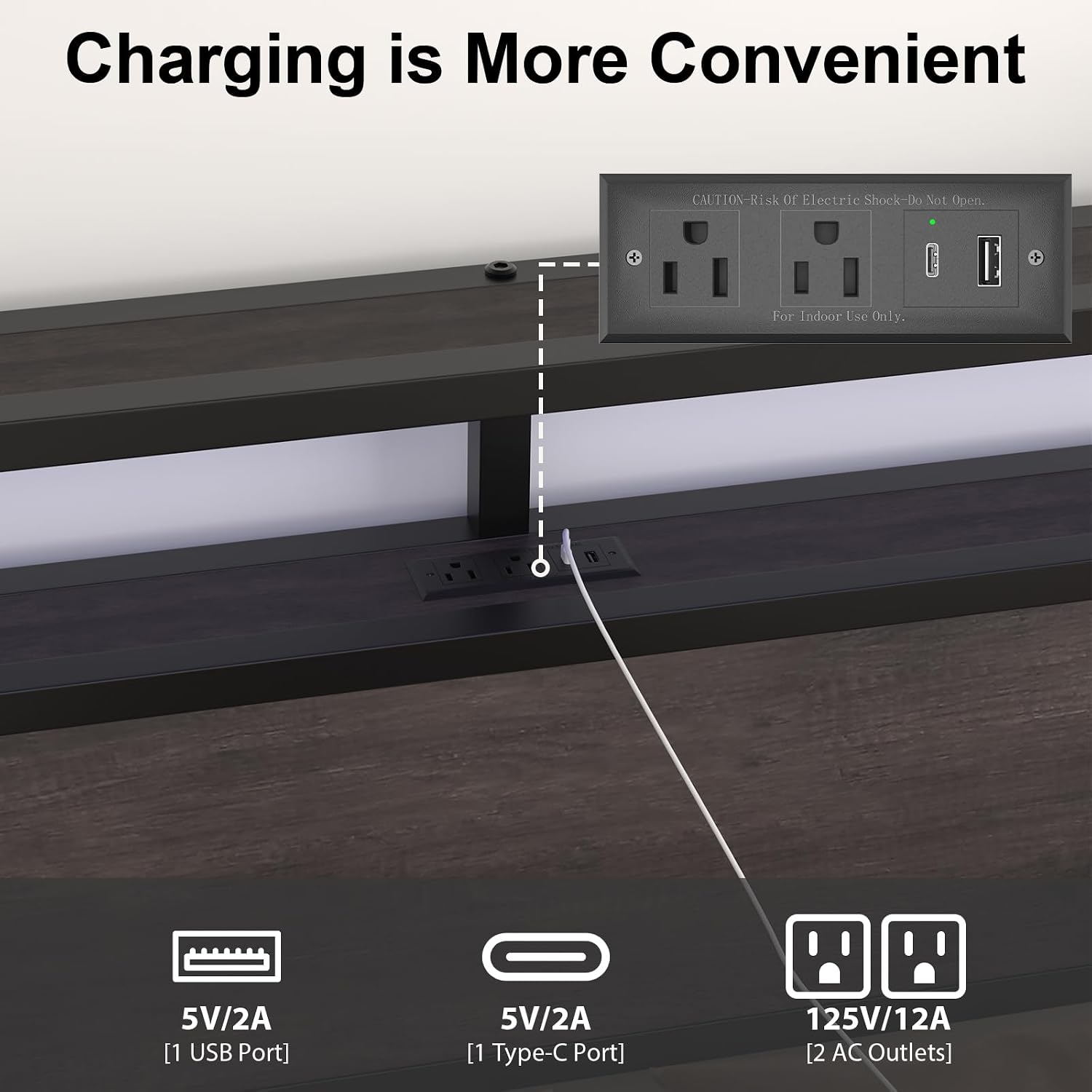 LoVinson King Size Bed Frame with Charging Station and LED Light, Metal Platform Bed with Storage Headboard, Noise Free, No Box Spring Needed, Easy Assembly, Grey