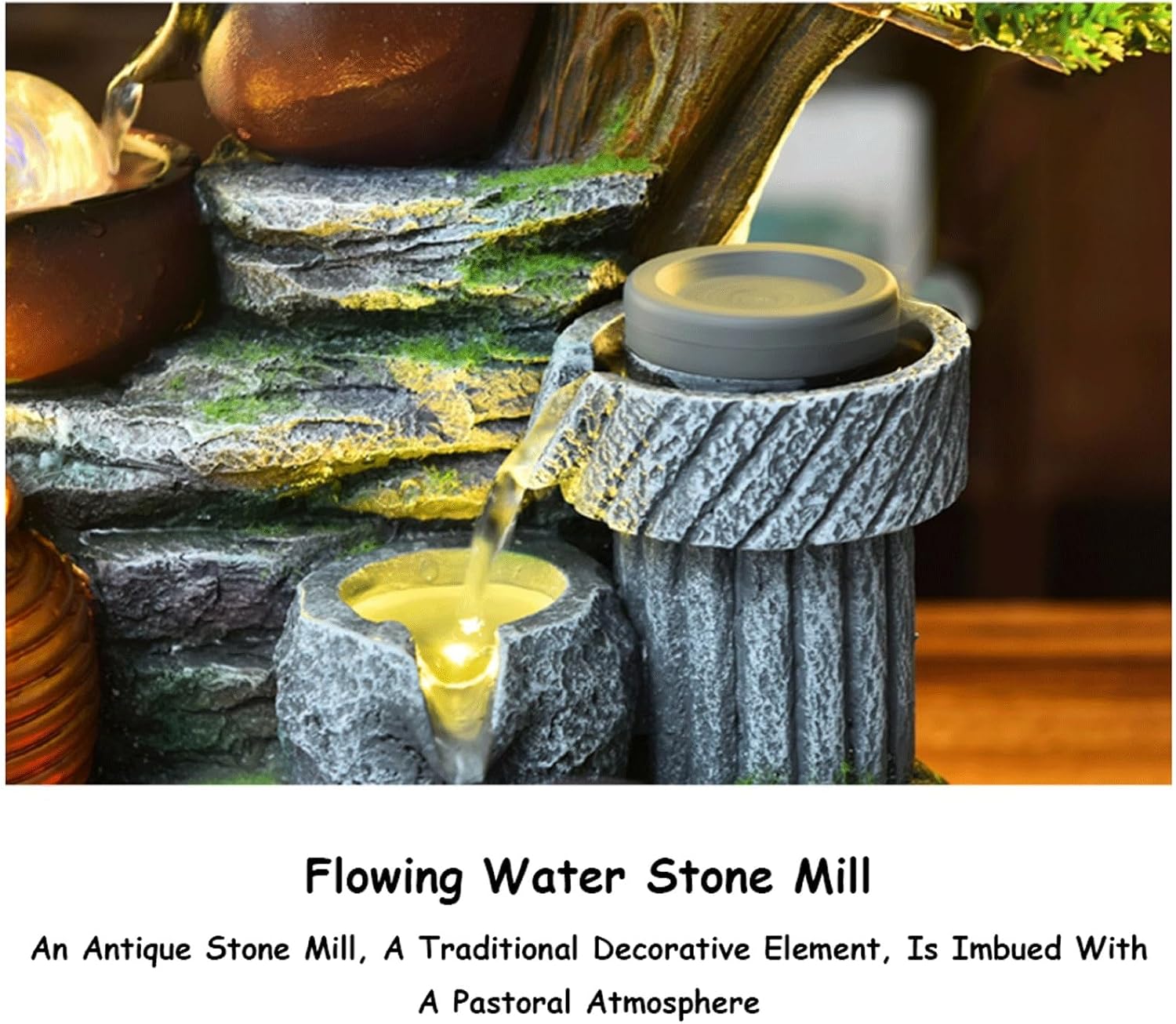 Rockery Stream Tabletop Fountain Desktop Waterfall Feature with Artificial Tree & Glass Bead Indoor Water Fountain for Home
