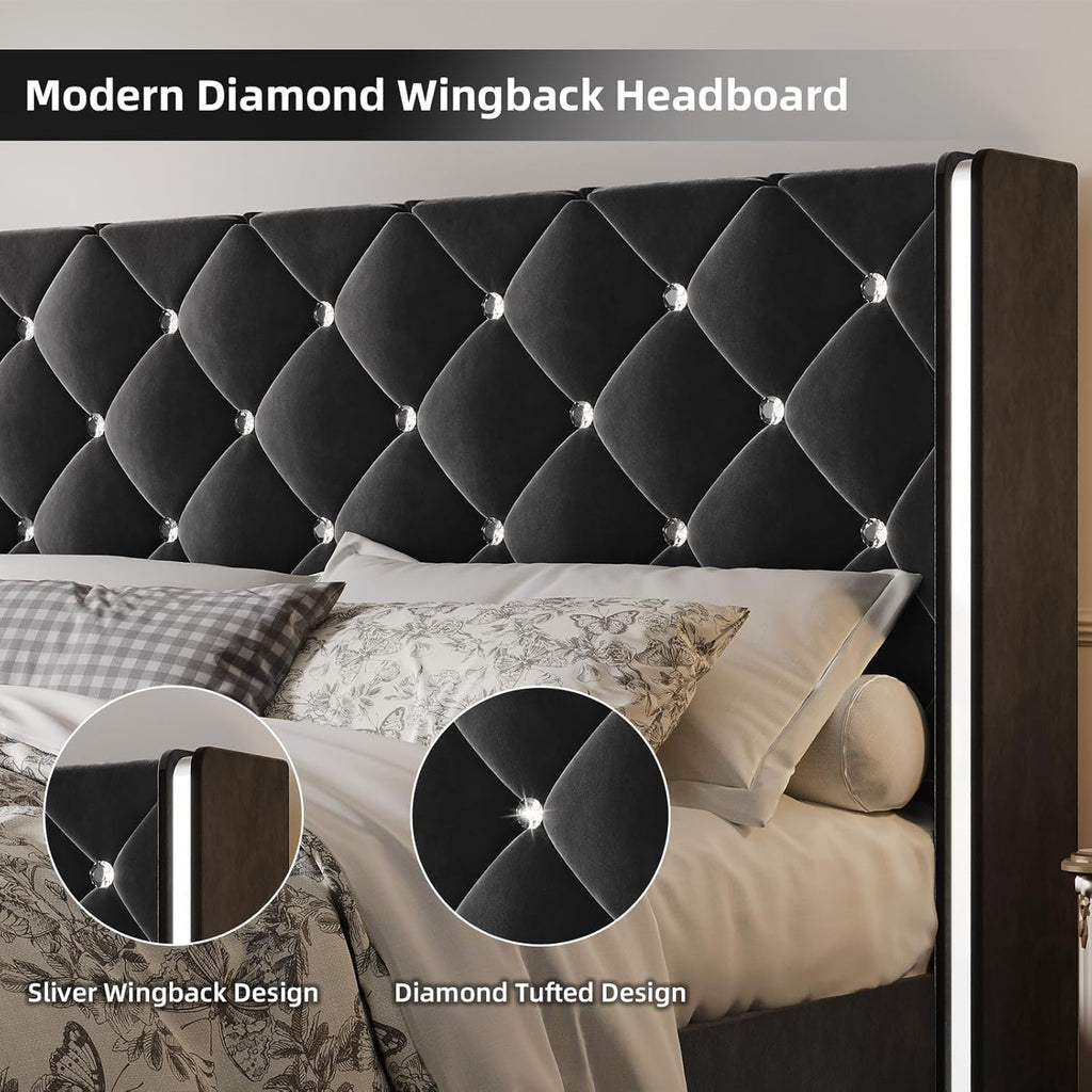 HOMBCK Queen Bed Frame with Headboard, Velvet Upholstered Bed with Wingback and Diamond Tufted Design, Wood Slat Support, No Box Spring Needed, Black