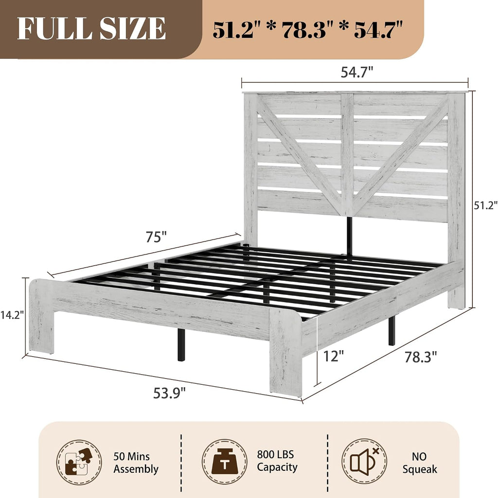 Full Size Bed Frame with Headboard – Farmhouse Style Platform with LED Lights USB Charging No Box Spring Easy Assembly White Boho Bed Frame Modern Bedroom Sets (Boho White, Full)
