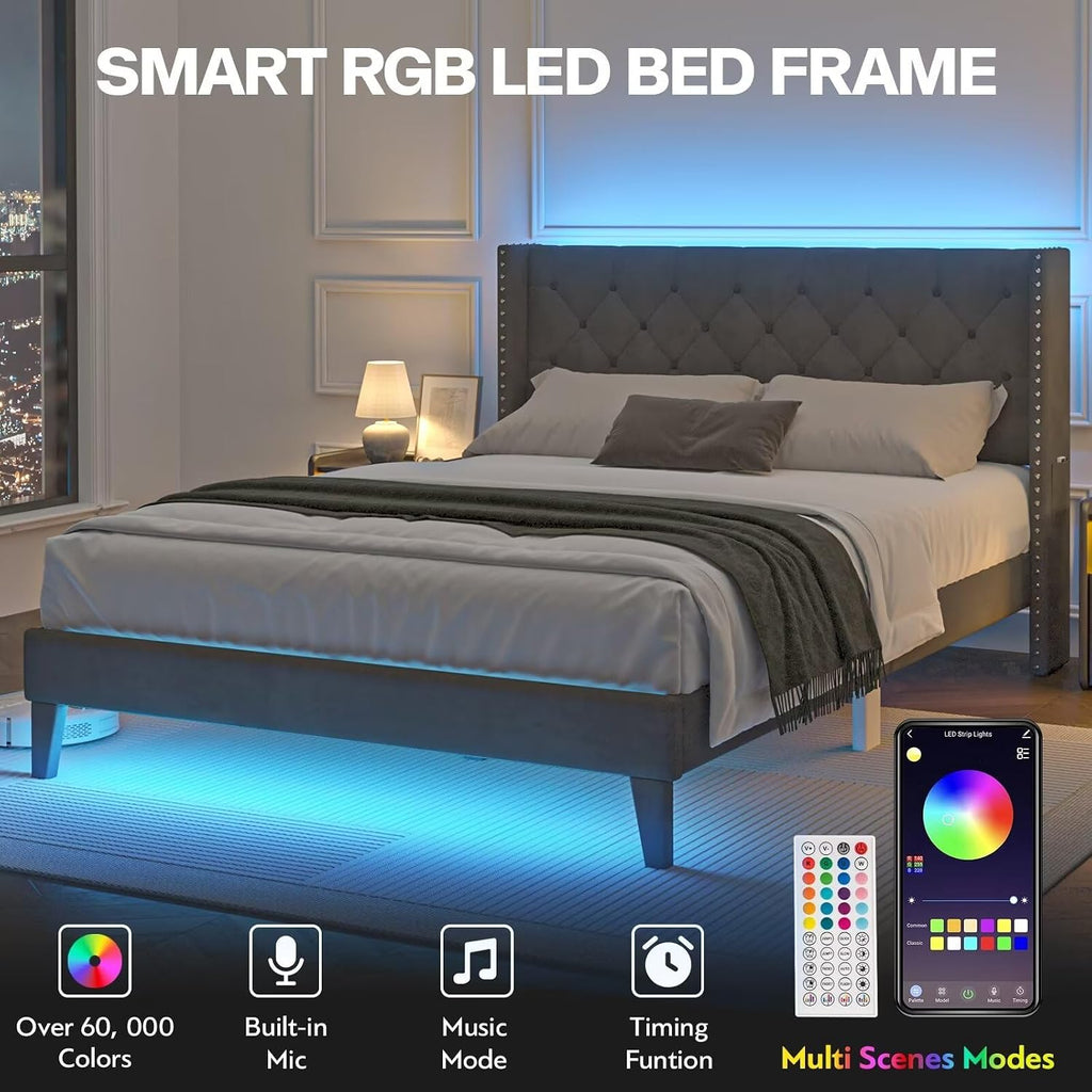 Lihimte Full Size Bed Frame with Led Lights, Upholstered Velvet Platform Bed Frames with Button Tufted Wingback Headboard and Footboard, Wooden Slats Support, No Box Spring Needed, Dark Grey
