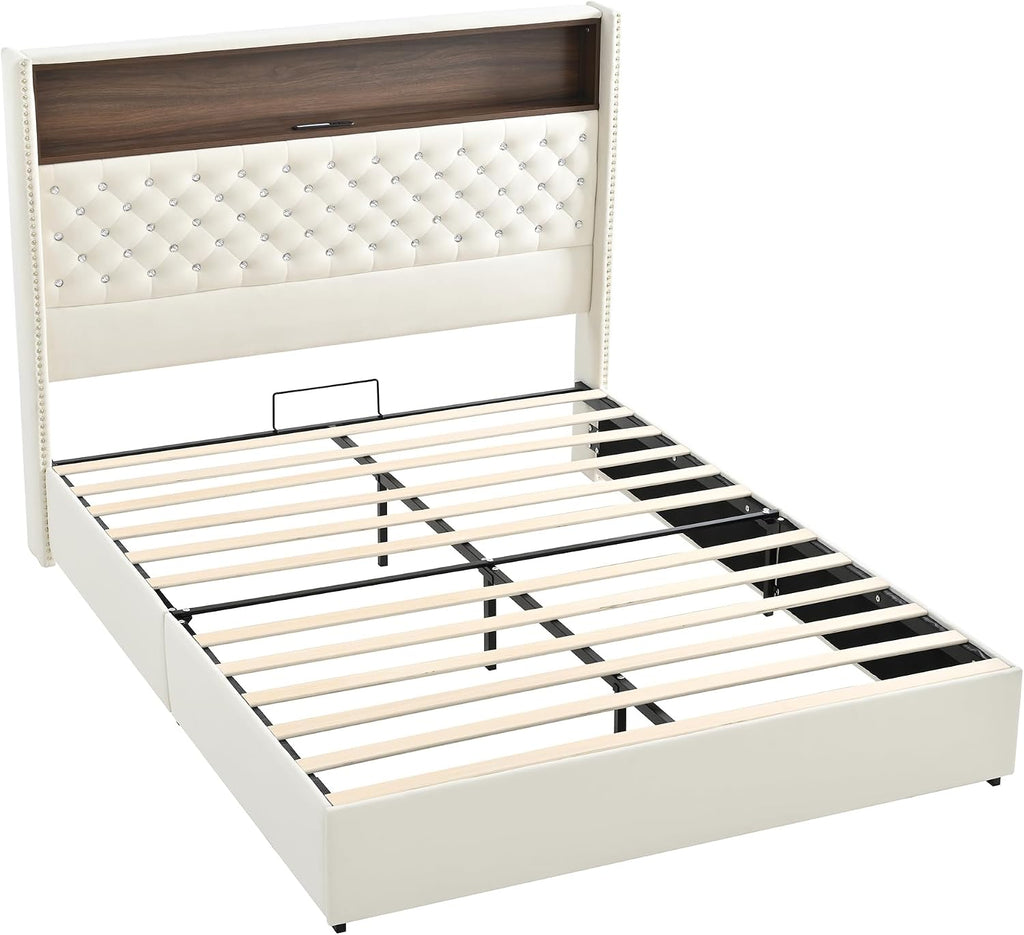 Queen Size Bed Frame with Storage, Velvet Tufted Soft Bed Frame with 52'' High Headboard with Rivet Decoration, Wing-back Platform Bed with Headboard Shelf, No Box Spring Needed (Beige,Queen,42)