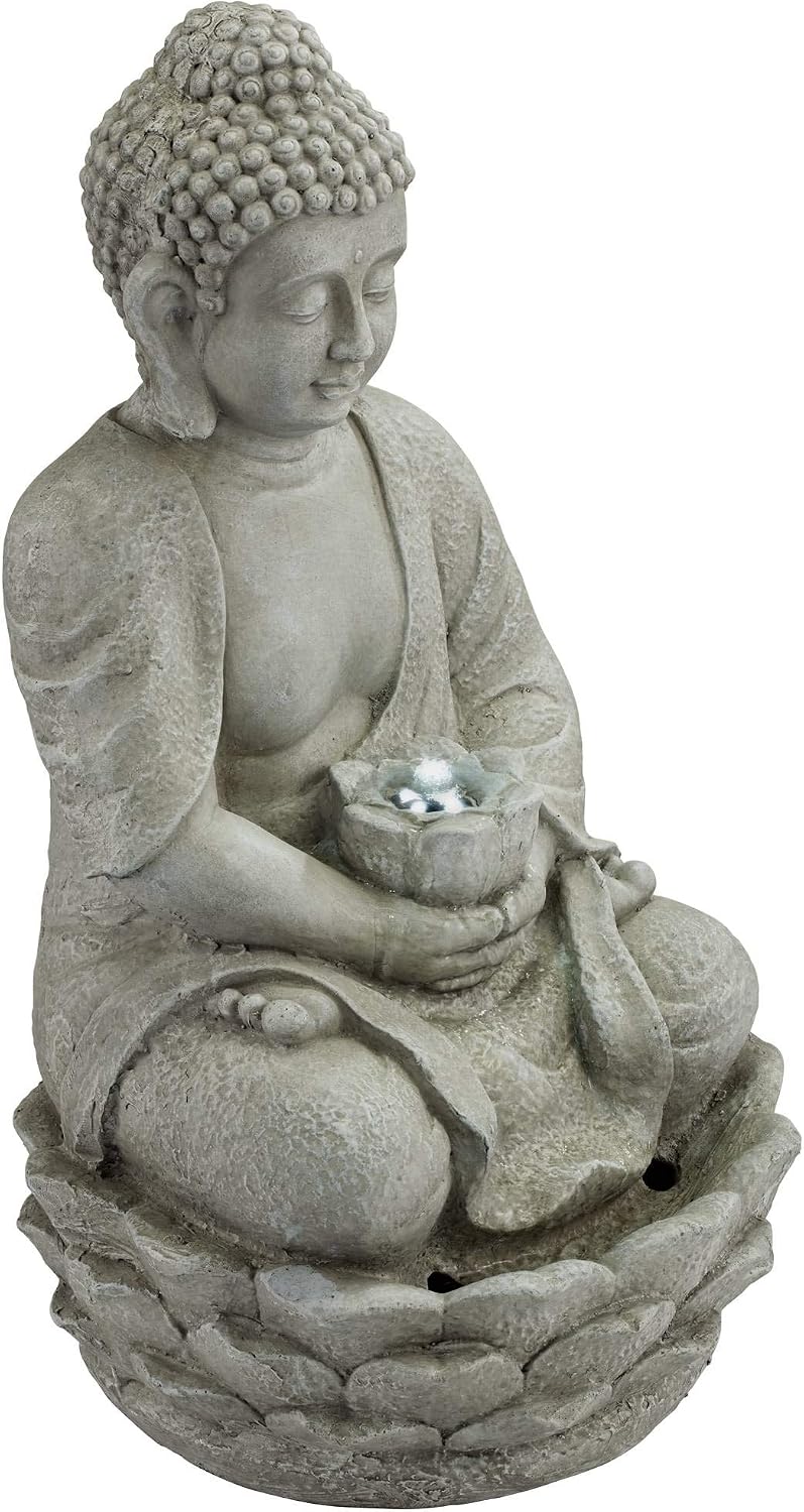 Sitting Buddha 22' High Small Zen Asian Indoor Outdoor Decor Faux Stone Tabletop Fountain with Light LED Water Feature for Outside Garden Patio Yard Desk Backyard Porch Deck - John Timberland