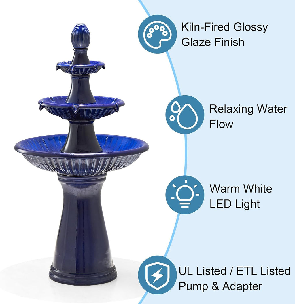 Glitzhome Water Fountain Outdoor Floor-Stand Fountain with LED Light & Pump Oversized 3 Tier Ceramic Cobalt Blue Patio Fountains and Waterfalls Outdoor Yard Fountains for Lawn Garden Backyard