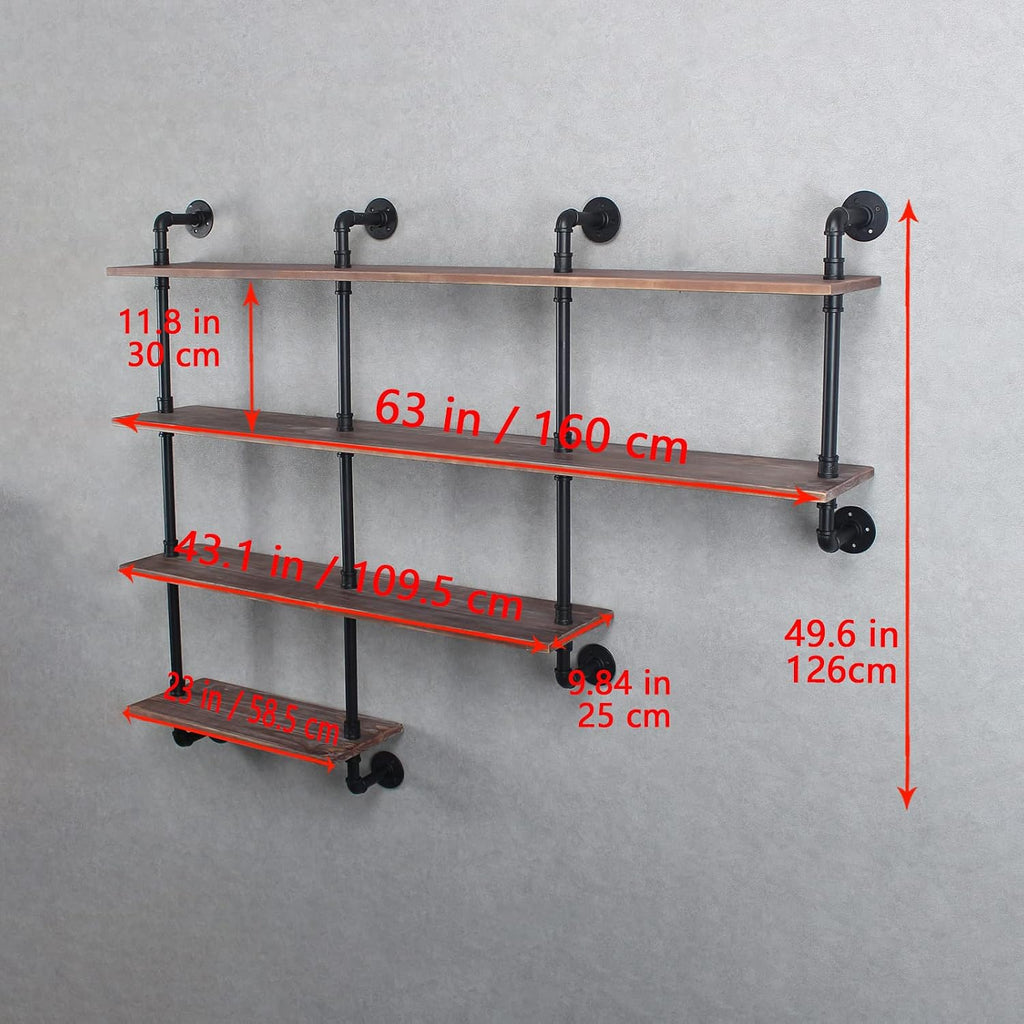 MBQQ 4-Tiers 63inch Industrial Pipe Shelving,Rustic Wooden&Metal Floating Shelves,Home Decor Shelves Wall Mount with Wine Rack,Decorative Accent Wall Book Shelf for Kitchen,Retro Brown