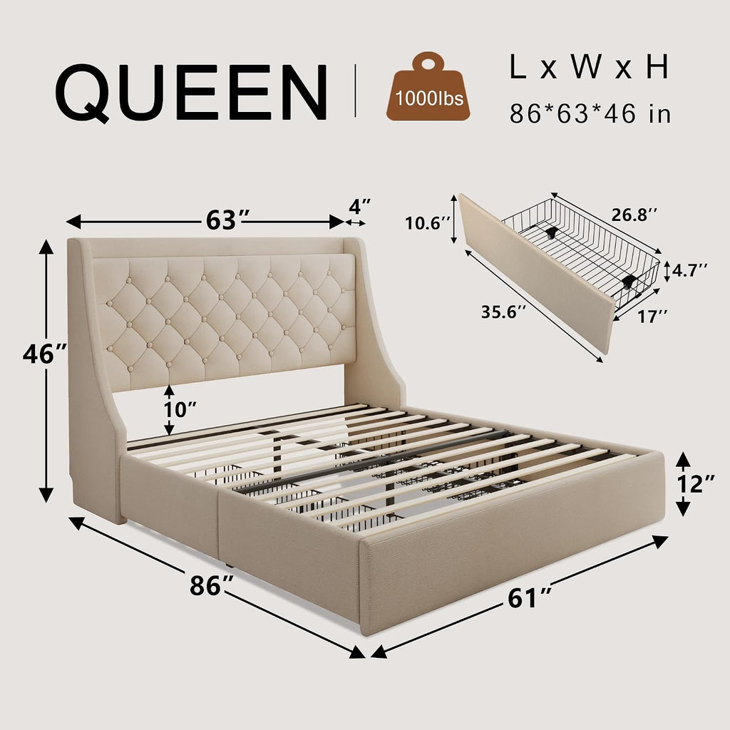Einhomn Upholstered Queen Bed Frame with 4 Storage Drawers, Modern Platform Bed with Wingback Headboard, Charging Station, No Box Spring Needed, Beige
