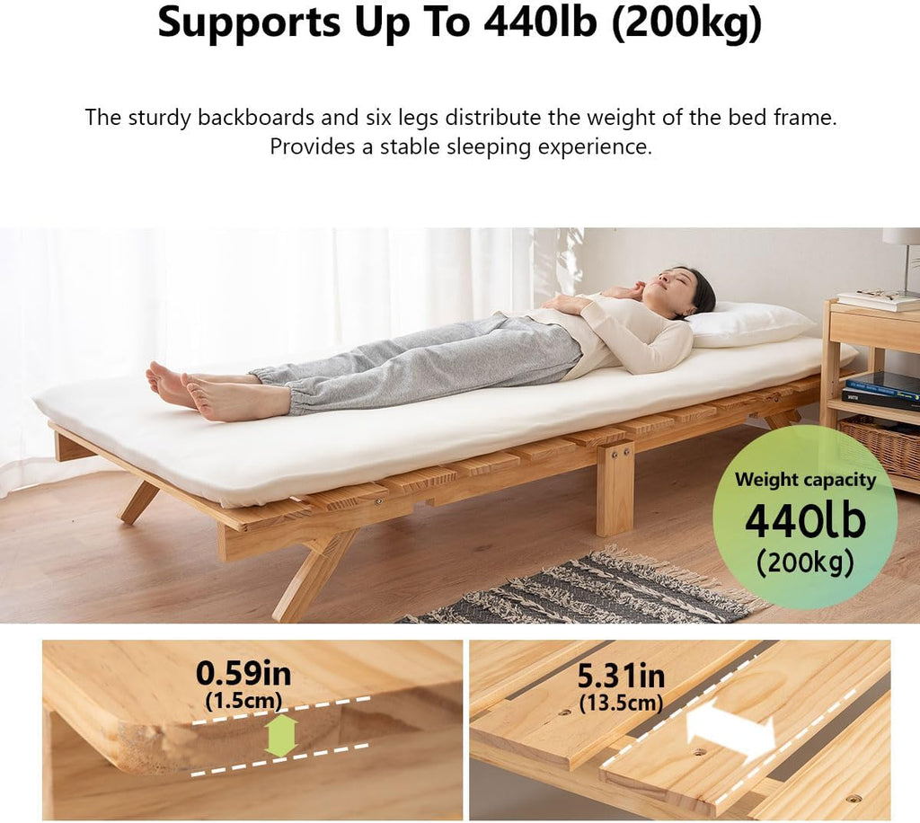 EMOOR Foldable Wood Slatted Floor Bed Frame OSMOS Daybed Size (26x71in) Solid Pine (Earth-Natural), Easy Assembly Space Saving Storable Floor Life Tatami