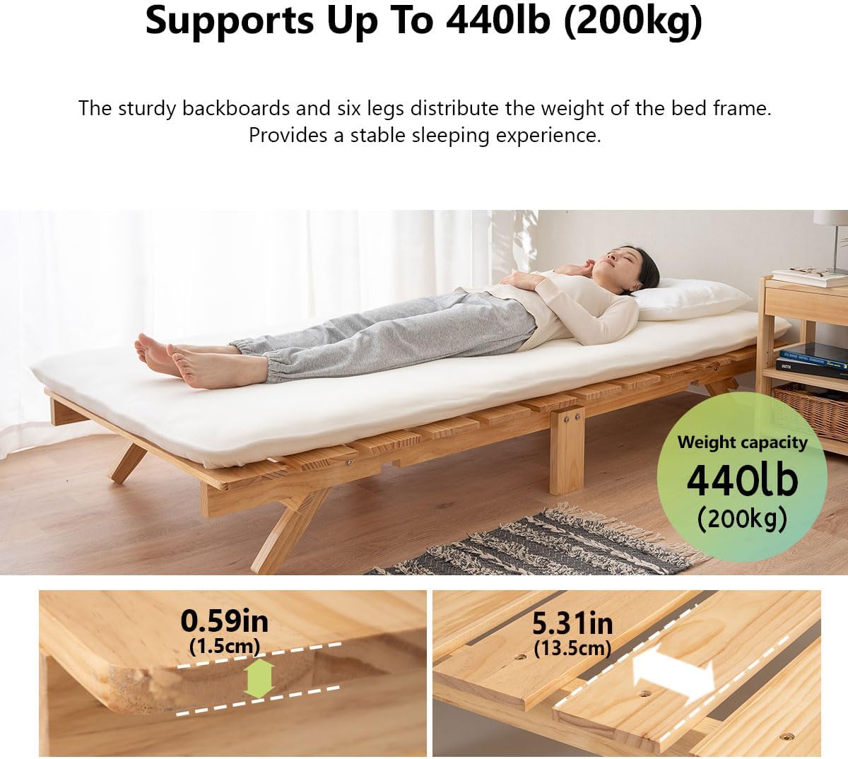 EMOOR Foldable Wood Slatted Floor Bed Frame OSMOS Daybed Size (26x71in) Solid Pine (Earth-Natural), Easy Assembly Space Saving Storable Floor Life Tatami