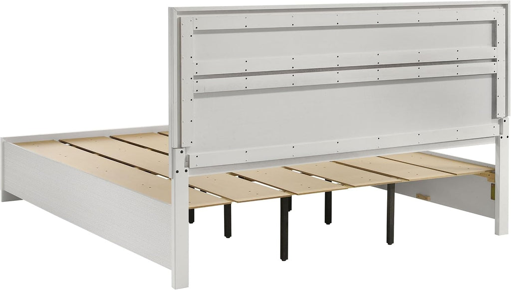 BOWERY HILL King Storage Panel Bed, 50.25' H x 79.25' W x 83.75' D, Asian Hardwood and Particle Board, White and Rhinestone Finish, 2 Drawers, Contemporary Style, Box Spring Required