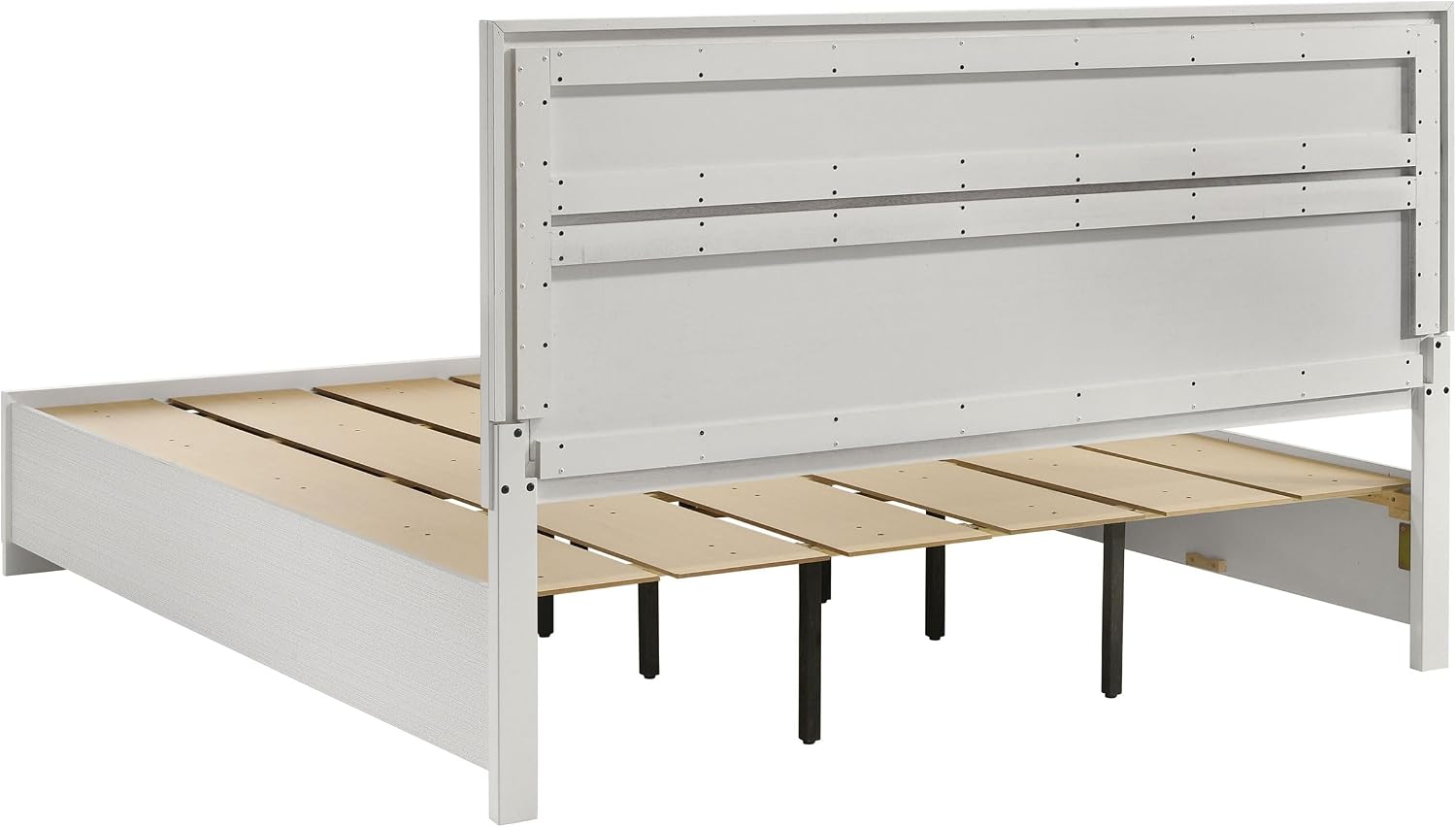BOWERY HILL King Storage Panel Bed, 50.25' H x 79.25' W x 83.75' D, Asian Hardwood and Particle Board, White and Rhinestone Finish, 2 Drawers, Contemporary Style, Box Spring Required