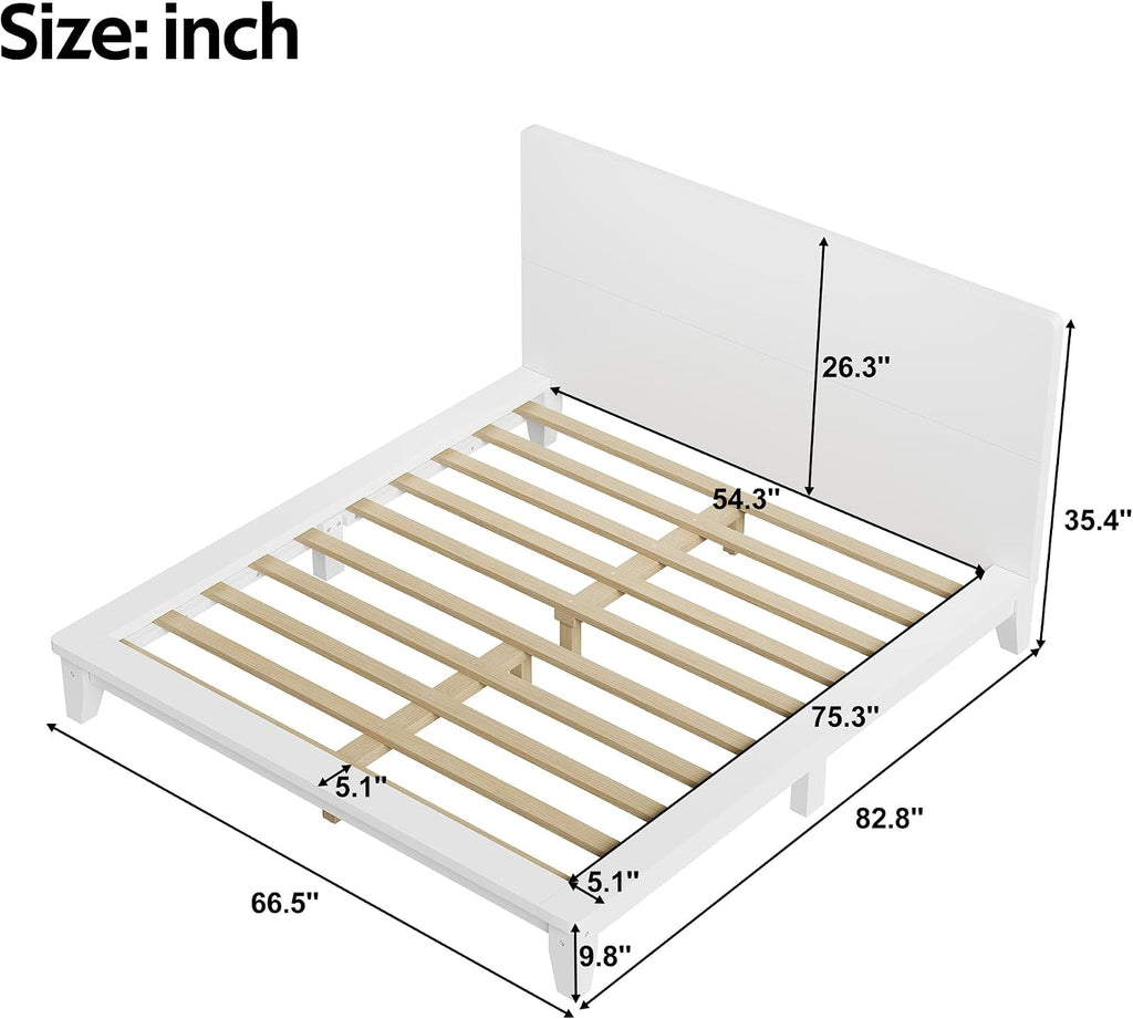 Merax Full Size Solid Wood Platform Bed Frame, Modern Comfortable with Headboard, Slat Support, No Box Spring Needed, White