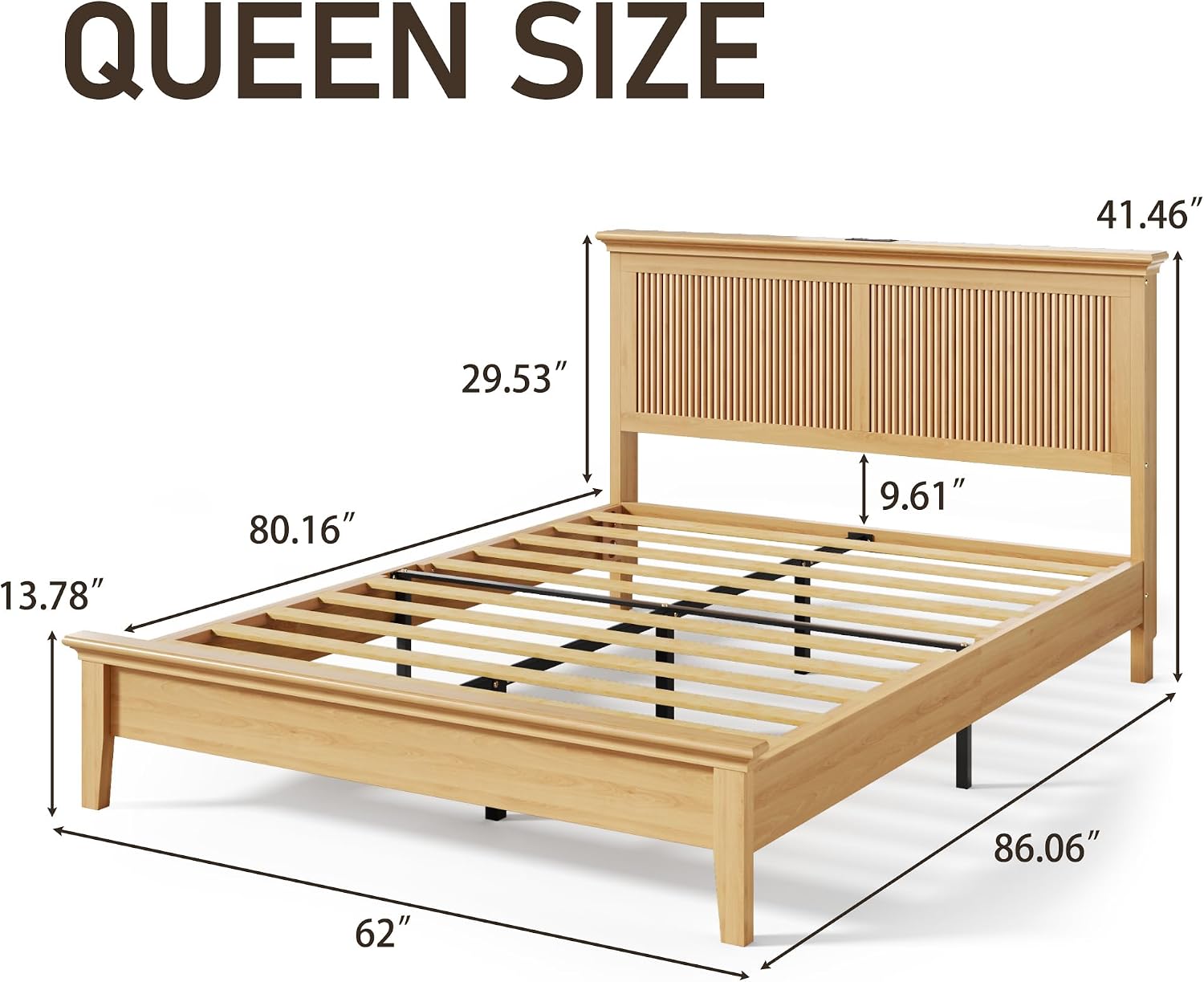 Lifezone Wood Queen Bed, Solid Wood Bed with Tall Headboard, American Vintage Design, Queen Bed with Charging Station & RGB LED, Wood Slats Support,Noise-Free,Sturdy Structure,Easy Assembly, Natural