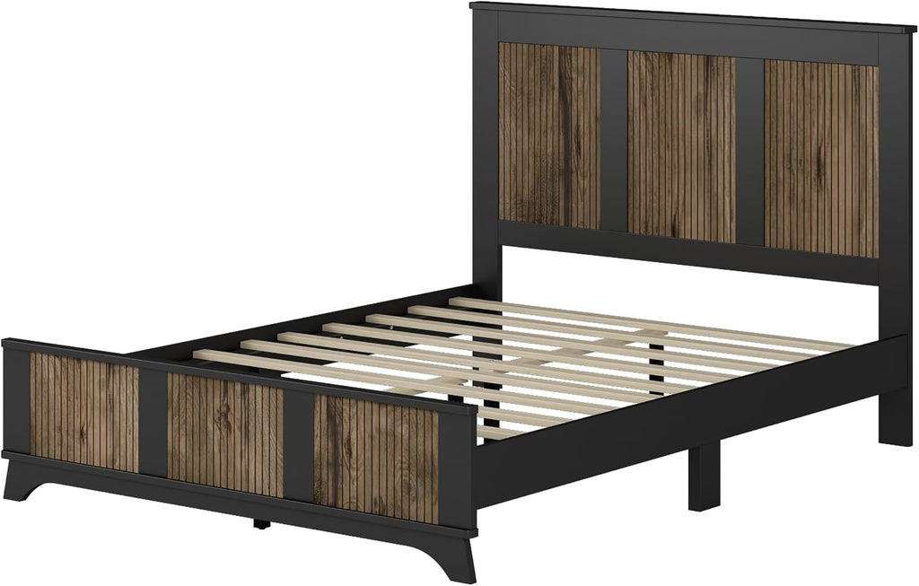 4-Pieces Bedroom Sets, Queen Size Farmhouse Platform Bed with Wooden Strip Decoration, 2 Storage Nightstands and A 6-Drawer Dresser with Metal Handle for Kids Teens, Black