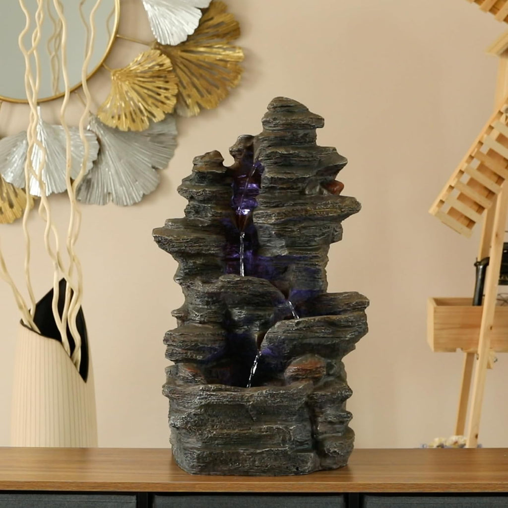 Cascading Electric Powered 4-Tier Rock Water Fountain with LED Lights 24' for Indoor and Outdoor Use