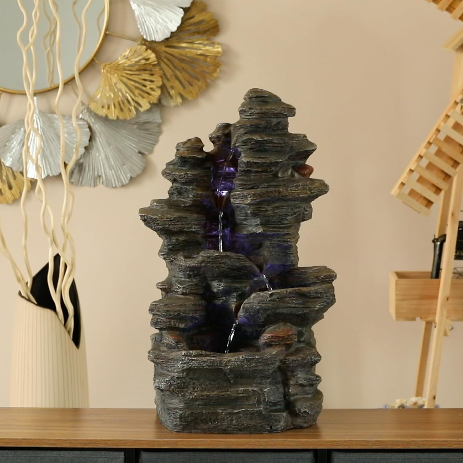 Cascading Electric Powered 4-Tier Rock Water Fountain with LED Lights 24' for Indoor and Outdoor Use