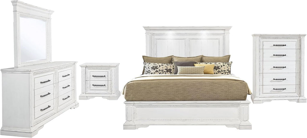 Coaster Home Furnishings - McKinney - Wood - 5-Piece Bedroom Set with Crown Moldings and USB Ports - Bedroom - Queen Size - Vintage White - 215871Q-S5