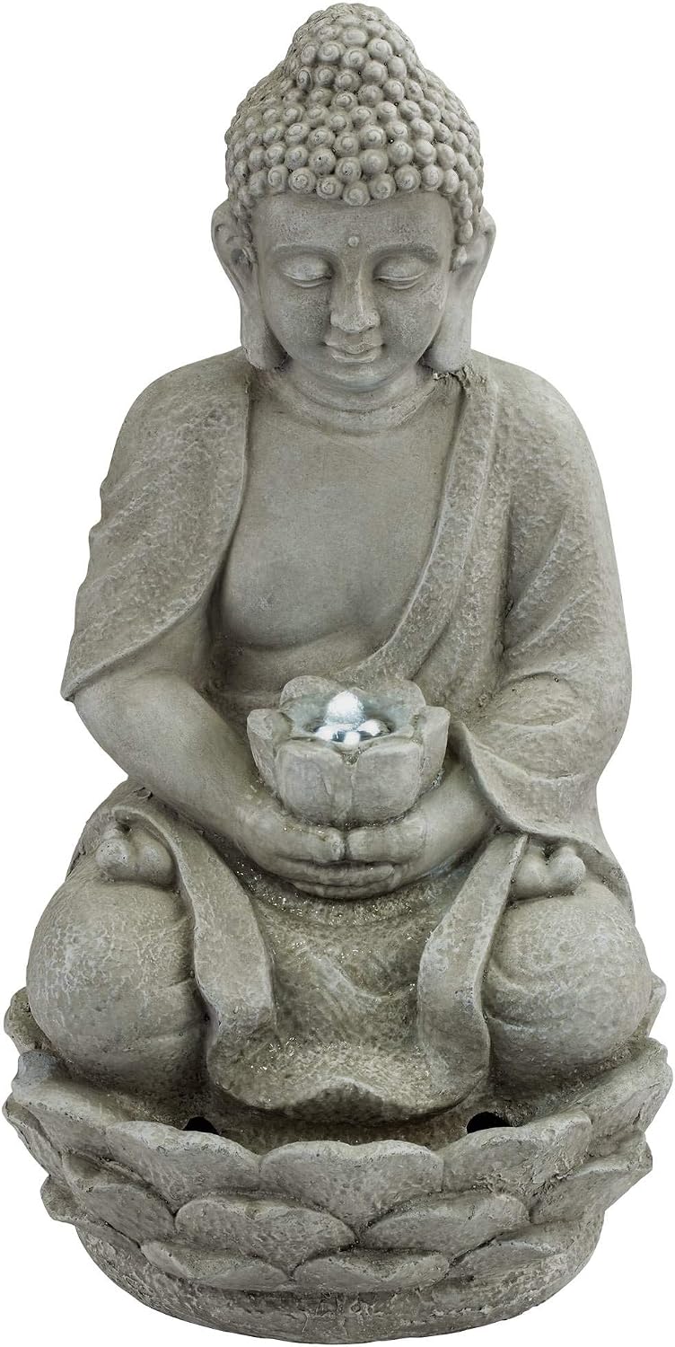 Sitting Buddha 22' High Small Zen Asian Indoor Outdoor Decor Faux Stone Tabletop Fountain with Light LED Water Feature for Outside Garden Patio Yard Desk Backyard Porch Deck - John Timberland