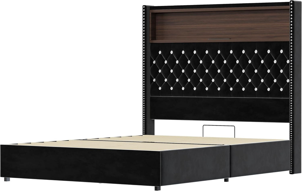 JIVOIT Full Size Bed Frame with Storage, Velvet Tufted Soft Bed Frame with 52'' High Headboard with Rivet Decoration, Wing-Back Platform Bed with Headboard Shelf, No Box Spring Needed (Black,Full,42)