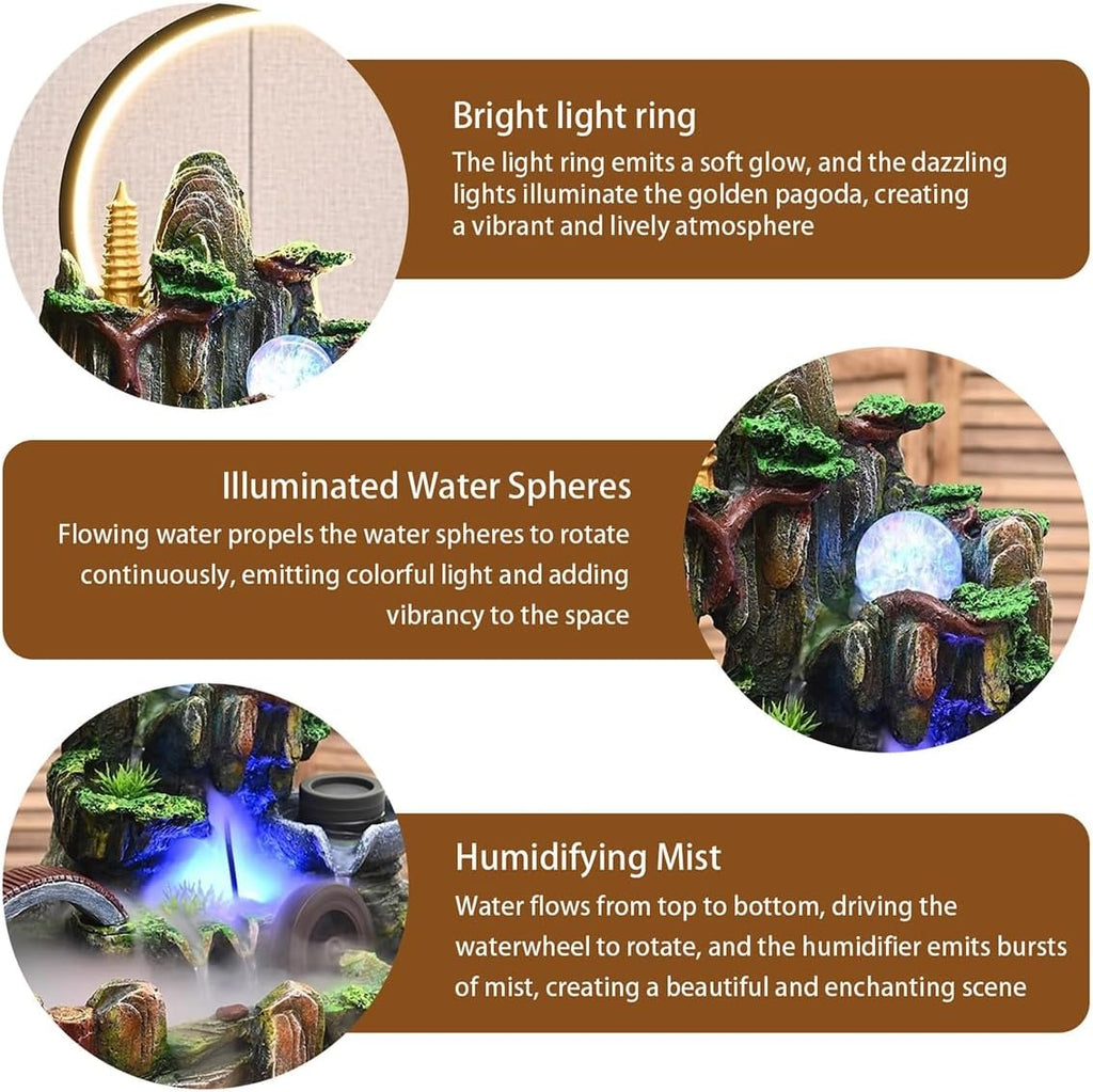 Table Fountain, Tabletop Water Fountain Indoor Décor, Cascading Waterfall with LED Lights, Quiet Pump Desktop, for Home and Office Indoor Spaces Decors