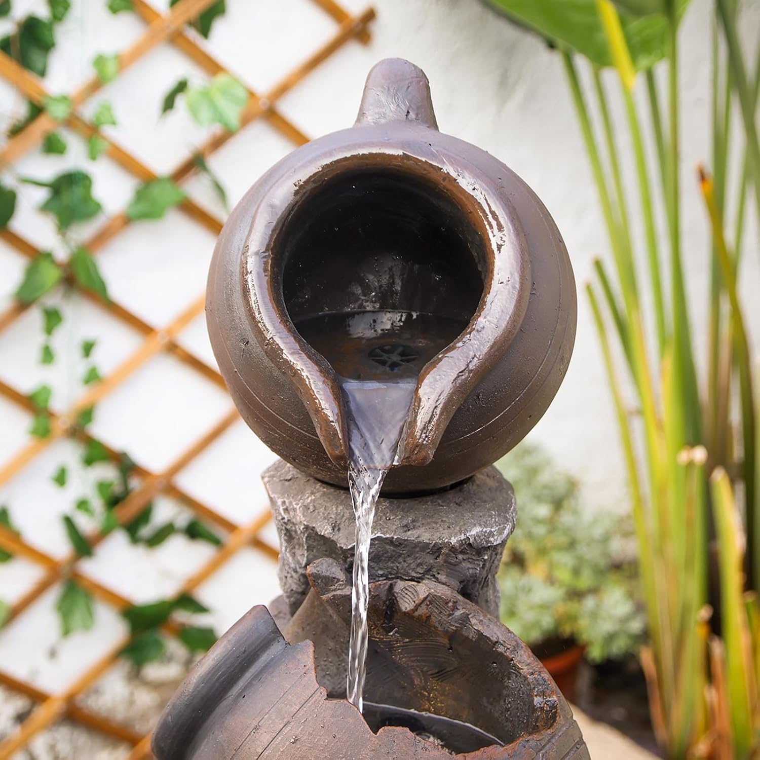 45.67''H Water Fountain Outdoor with Planter Pot 5 Tiers Cascading Waterfall Garden Fountains Indoor LED Lights Water Feature Decor for Porch Patio Backyard Deck