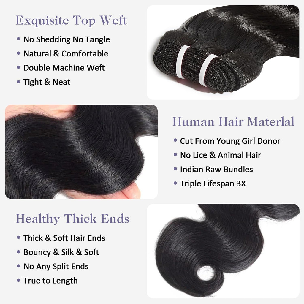 Body Wave Human Hair Bundles 12A Raw Bundles Human Hair,16 18 20 22 Inch Indian Virgin Bundles Human Hair Quick Weave, Triple Lifespan No Tangle Shedding Keep Texture Silky Soft After Multiple Washes