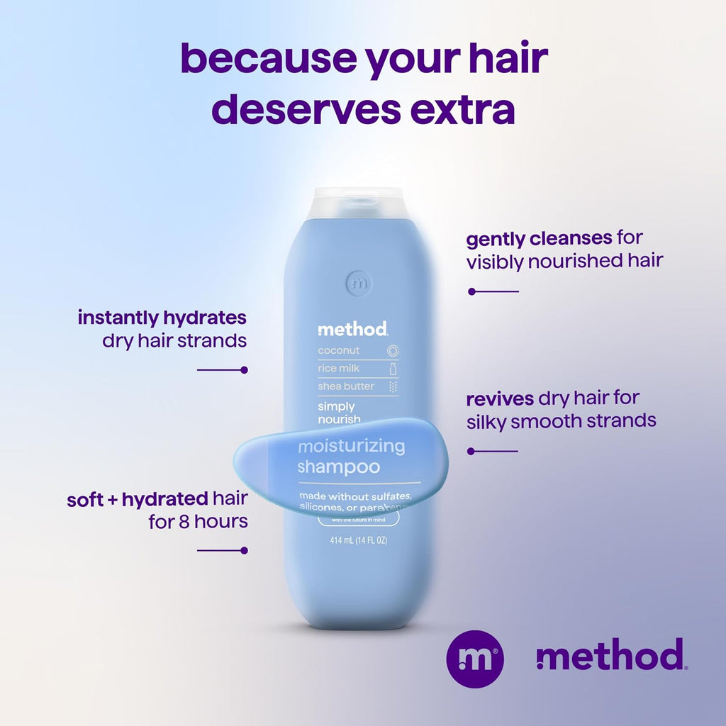 Method Moisturizing Shampoo, Simply Nourish - Hydrates and Revives Dry Hair, Safe for Color-Treated Hair – Sulfate Free and Cruelty Free - 14 oz (Pack of 12)