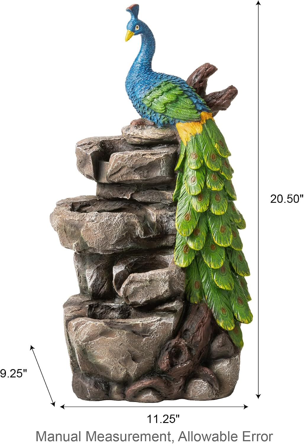 Glitzhome Outdoor Water Fountain with Lights, 4-Tierd Peacock W/Stacked Stone Outdoor Fountain, 20.5' H Polyresin Decorative Waterfall Feature Garden Fountain with Pump for Garden, Patio, Porch