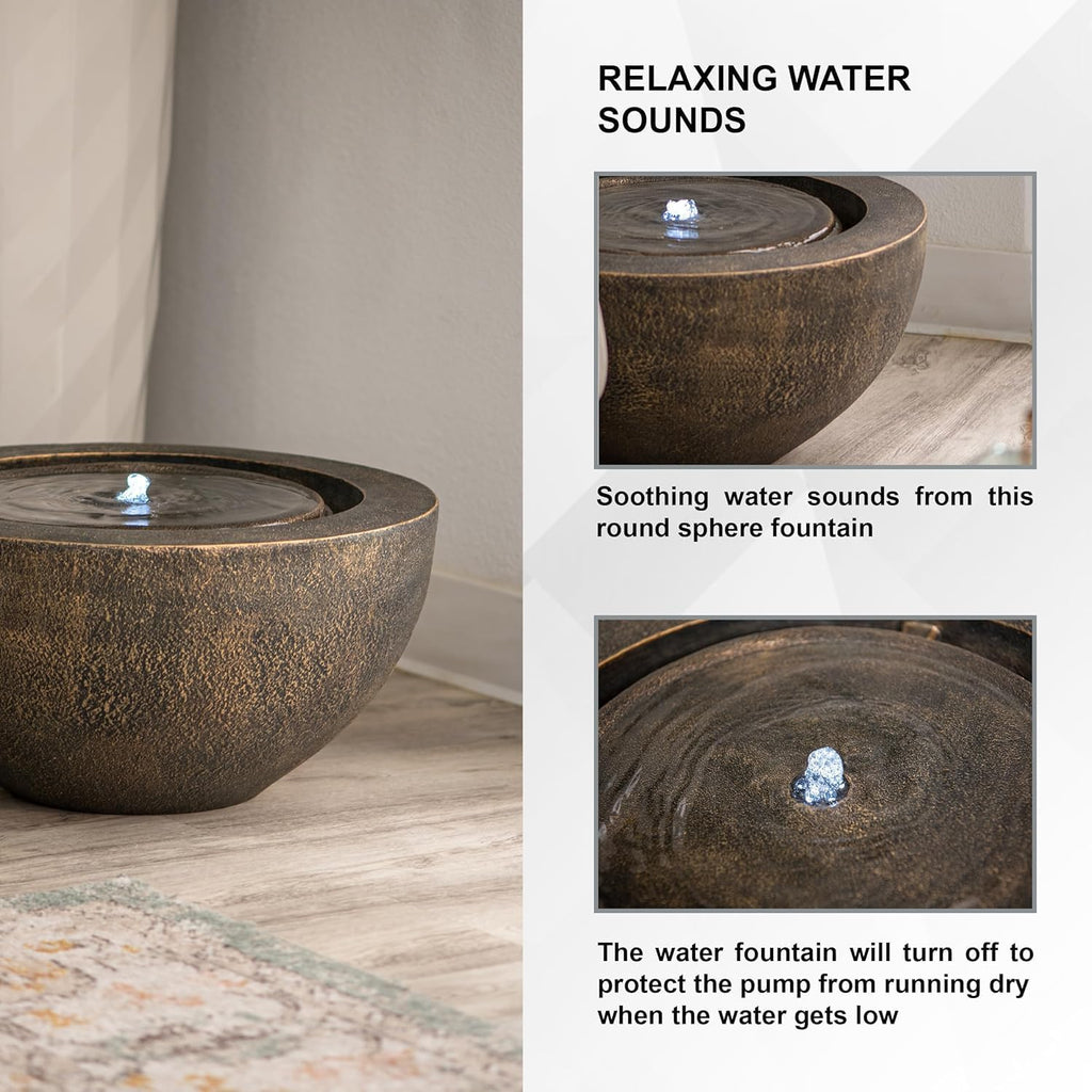 XBrand 19.8' W Round Sphere Water Fountain Indoor Outdoor with LED Light, Polyresin Bubbler Feature for Patio Garden Yard Home Décor, Bronze