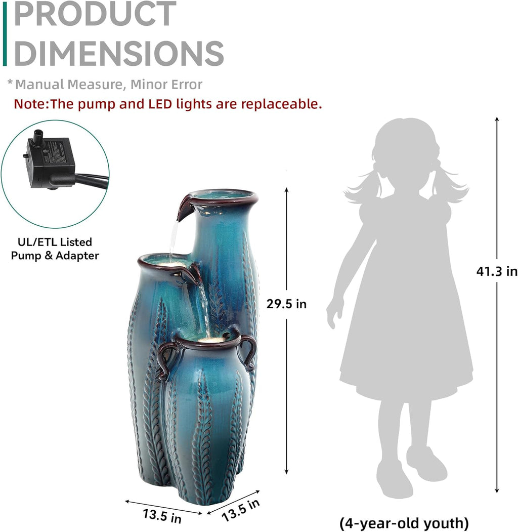 29.5' H Ceramic Outdoor Water Fountain with LED Lights, 3-Tier Vase Cascading Water Feature, Turquoise with Embossed Leaf Patterns, Tranquil Waterfall for Garden, Patio, Yard, or Porch