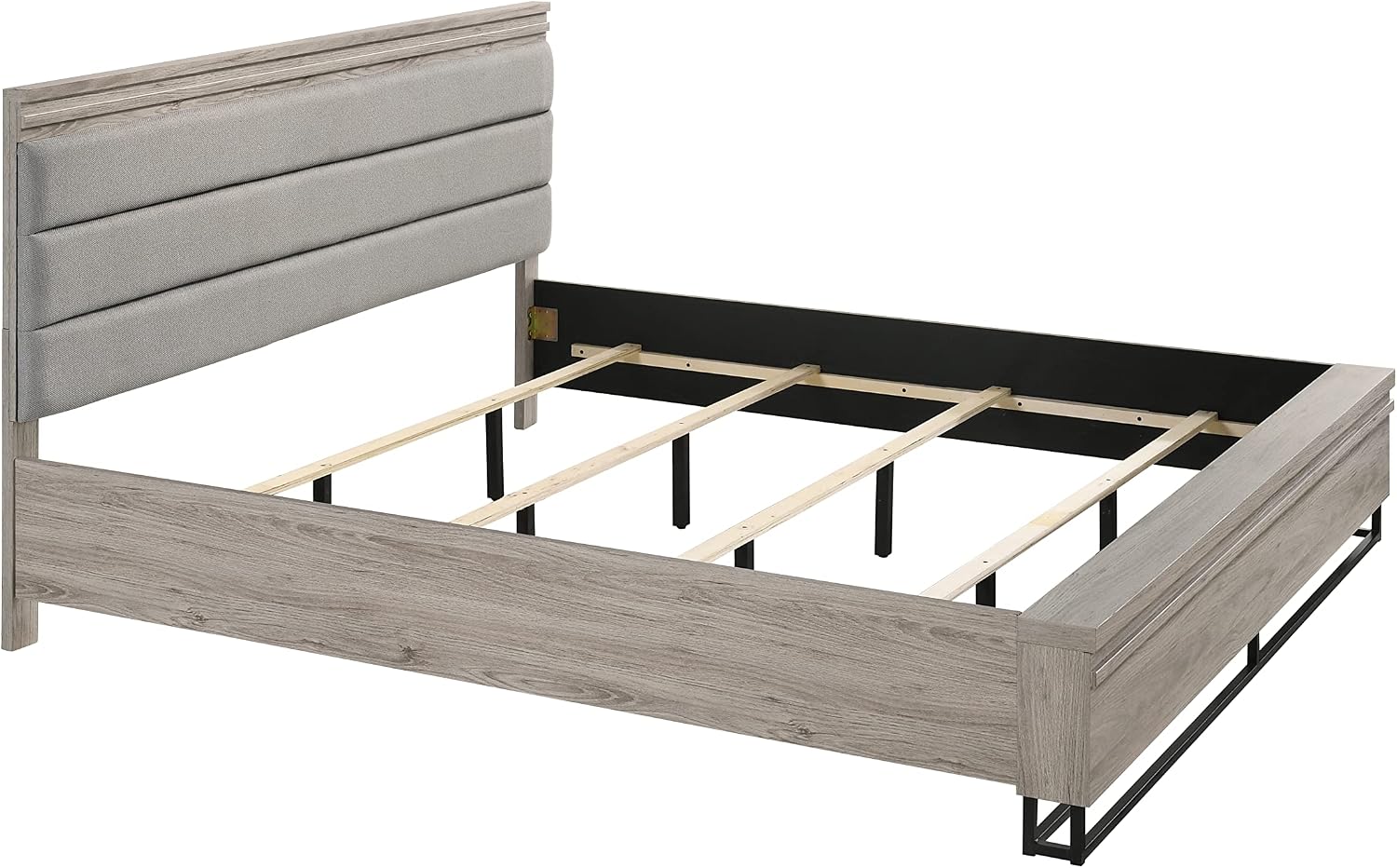 Roundhill Furniture Alvear Upholstered Wood Panel Bed, Dresser, Mirror, Nightstand, and Chest, King, Weathered Gray