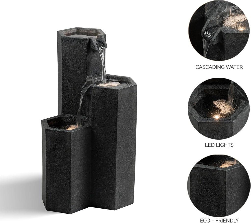 27.95'' H 3-Tiers Cascading Outdoor Water Fountain Made with Eco-Friendly Recyclable Materials, Polyethylene Waterfall Fountain, Outdoor Decor with LED Lights for Patio, Backyard